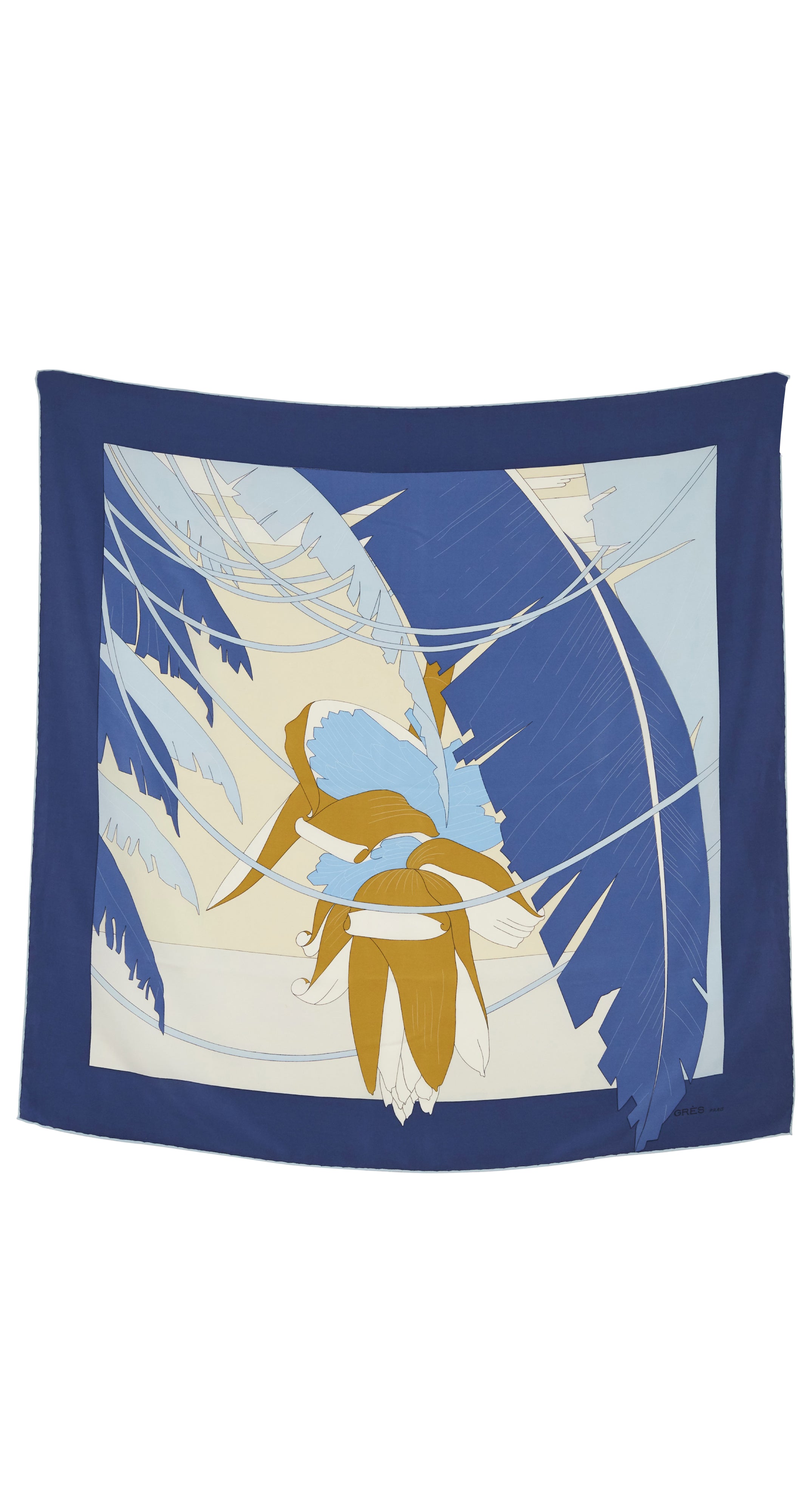 1970s Blue Palm Leaf Print Silk Scarf