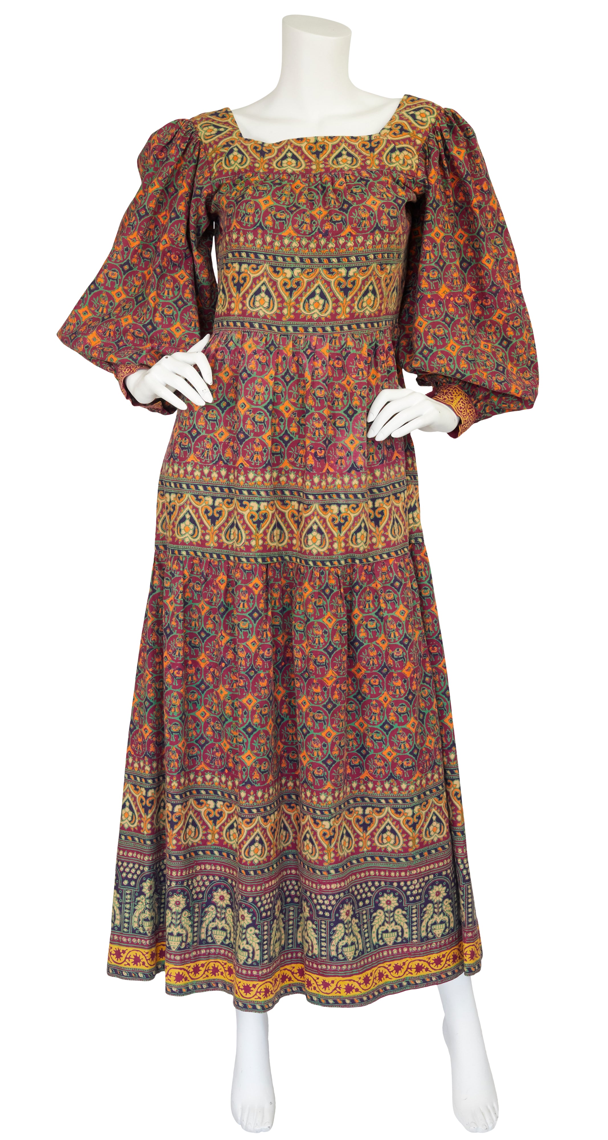 1970s Indian Cotton Hand-Blocked Poet Sleeve Maxi Dress