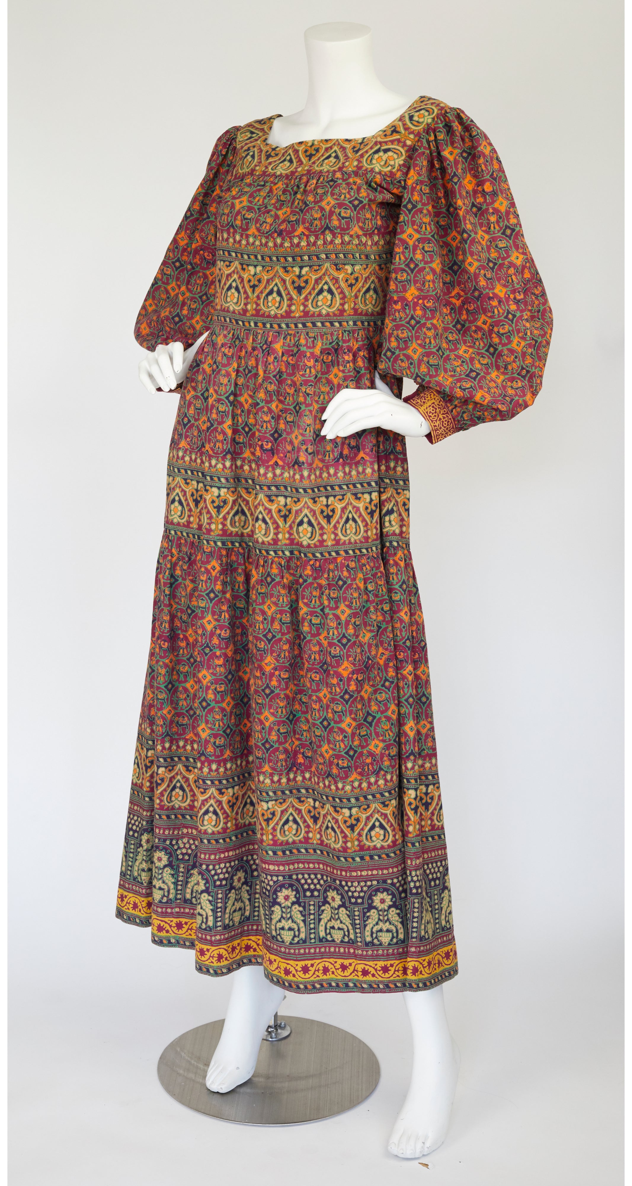1970s Indian Cotton Hand-Blocked Poet Sleeve Maxi Dress