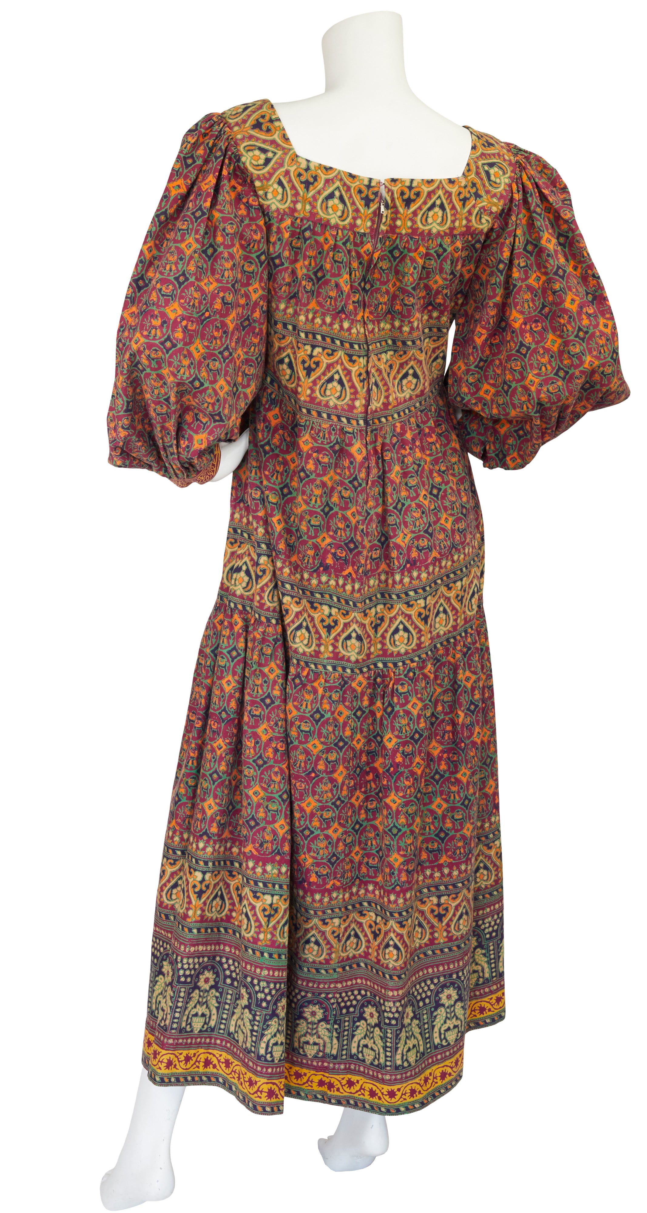 1970s Indian Cotton Hand-Blocked Poet Sleeve Maxi Dress