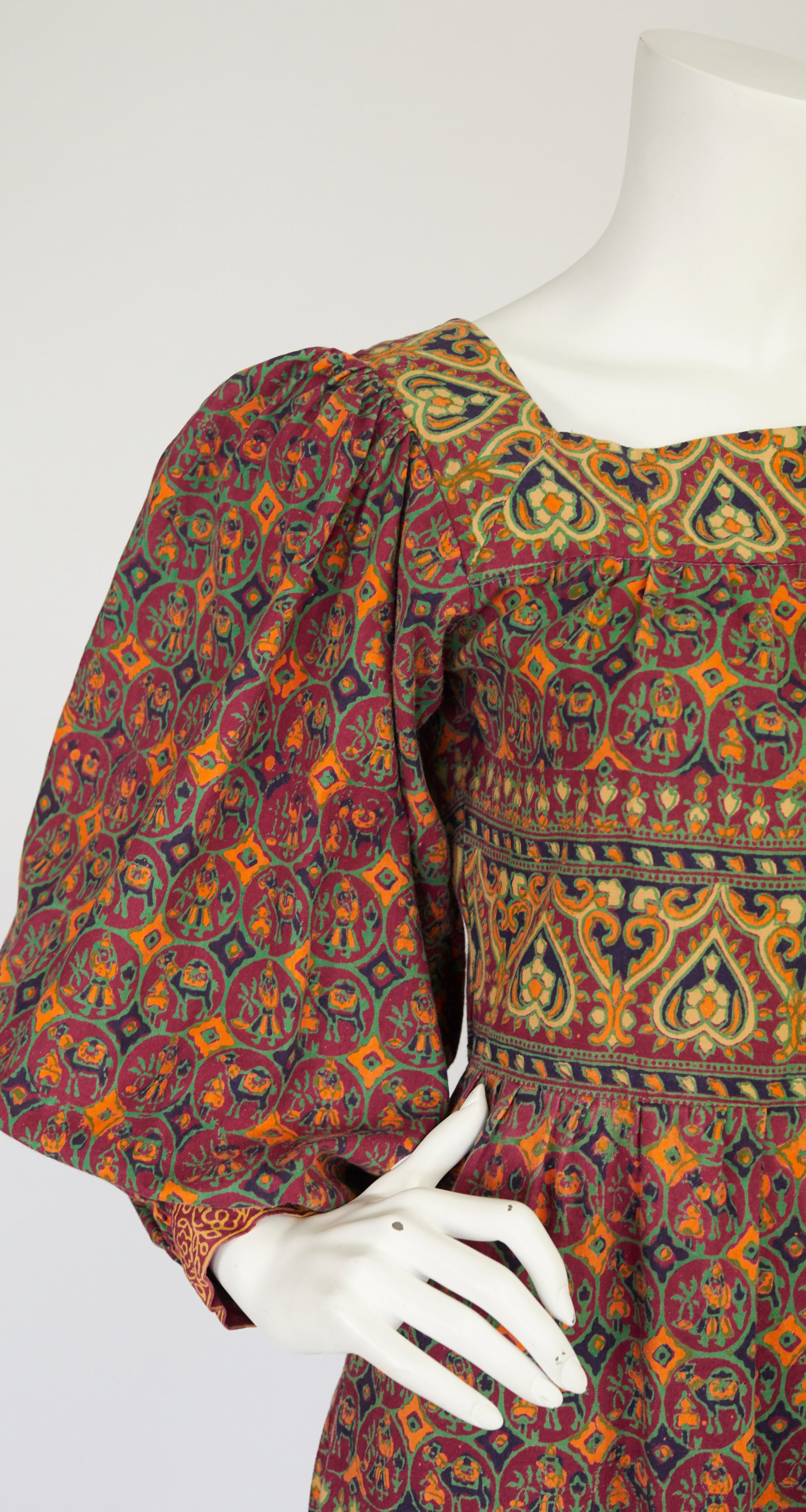 1970s Indian Cotton Hand-Blocked Poet Sleeve Maxi Dress