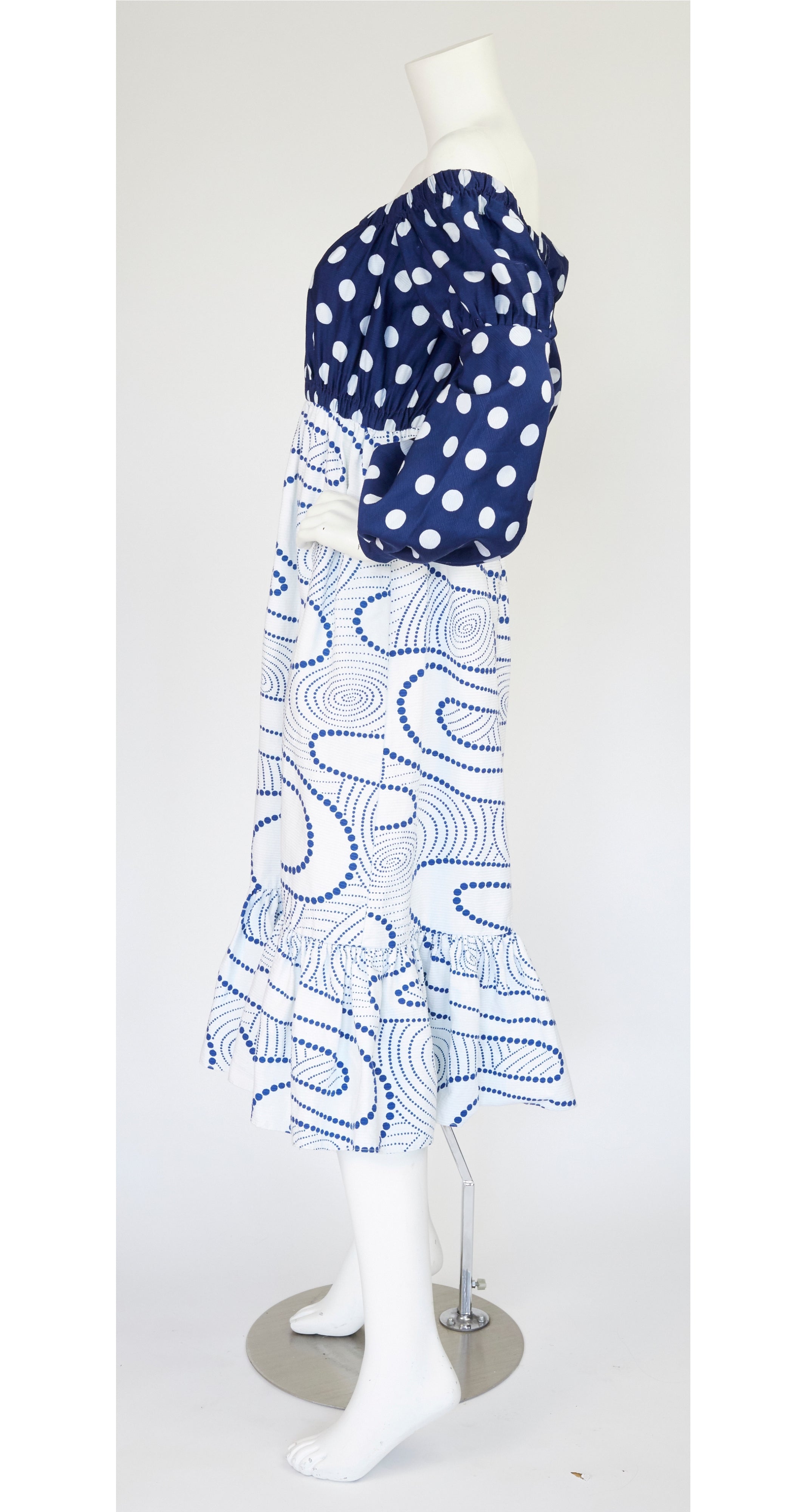1971 Documented Blue & White Cotton Off-the-Shoulder Dress