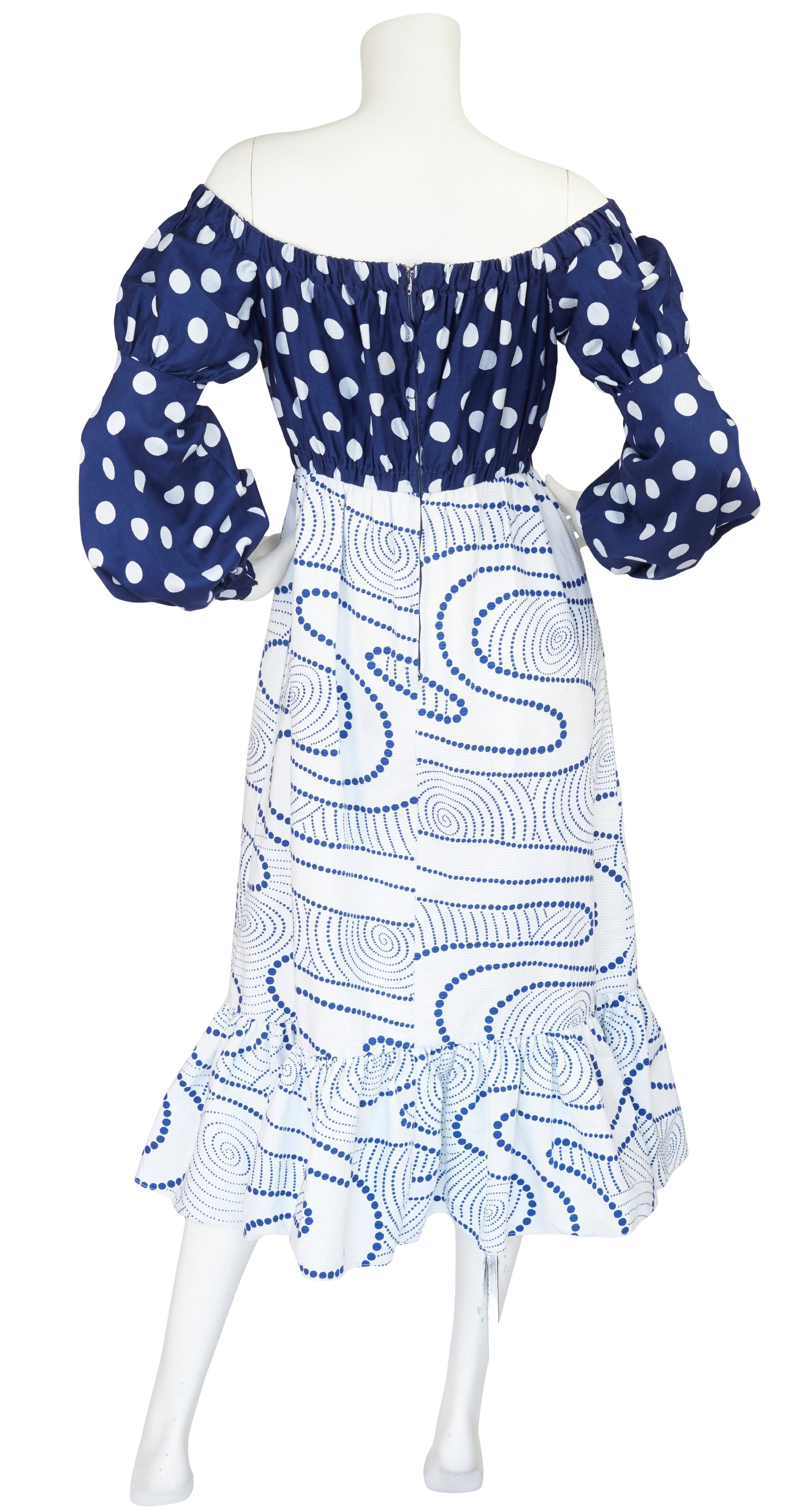1971 Documented Blue & White Cotton Off-the-Shoulder Dress