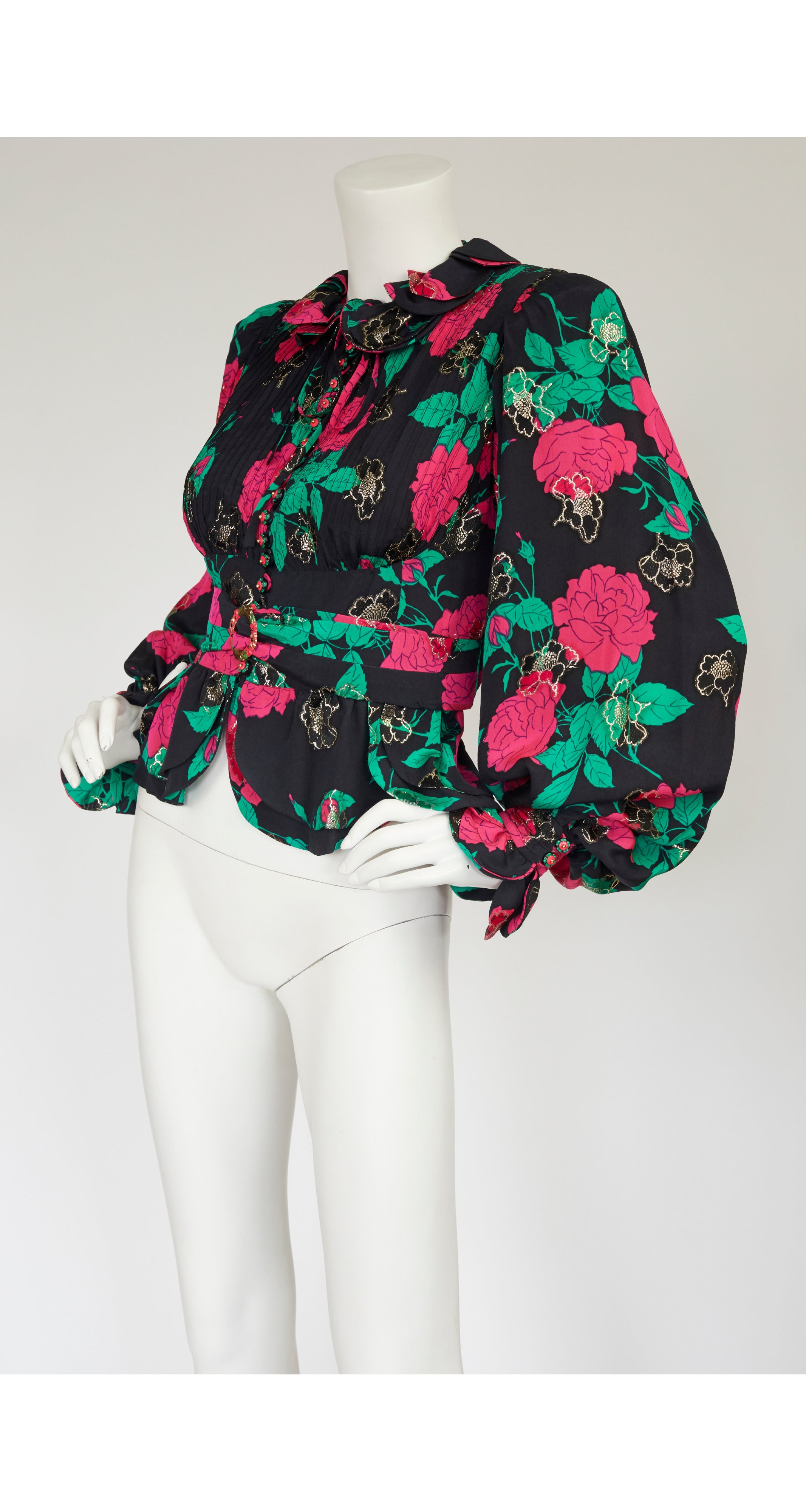 1970s Floral Black Silk Lamé Bishop Sleeve Blouse