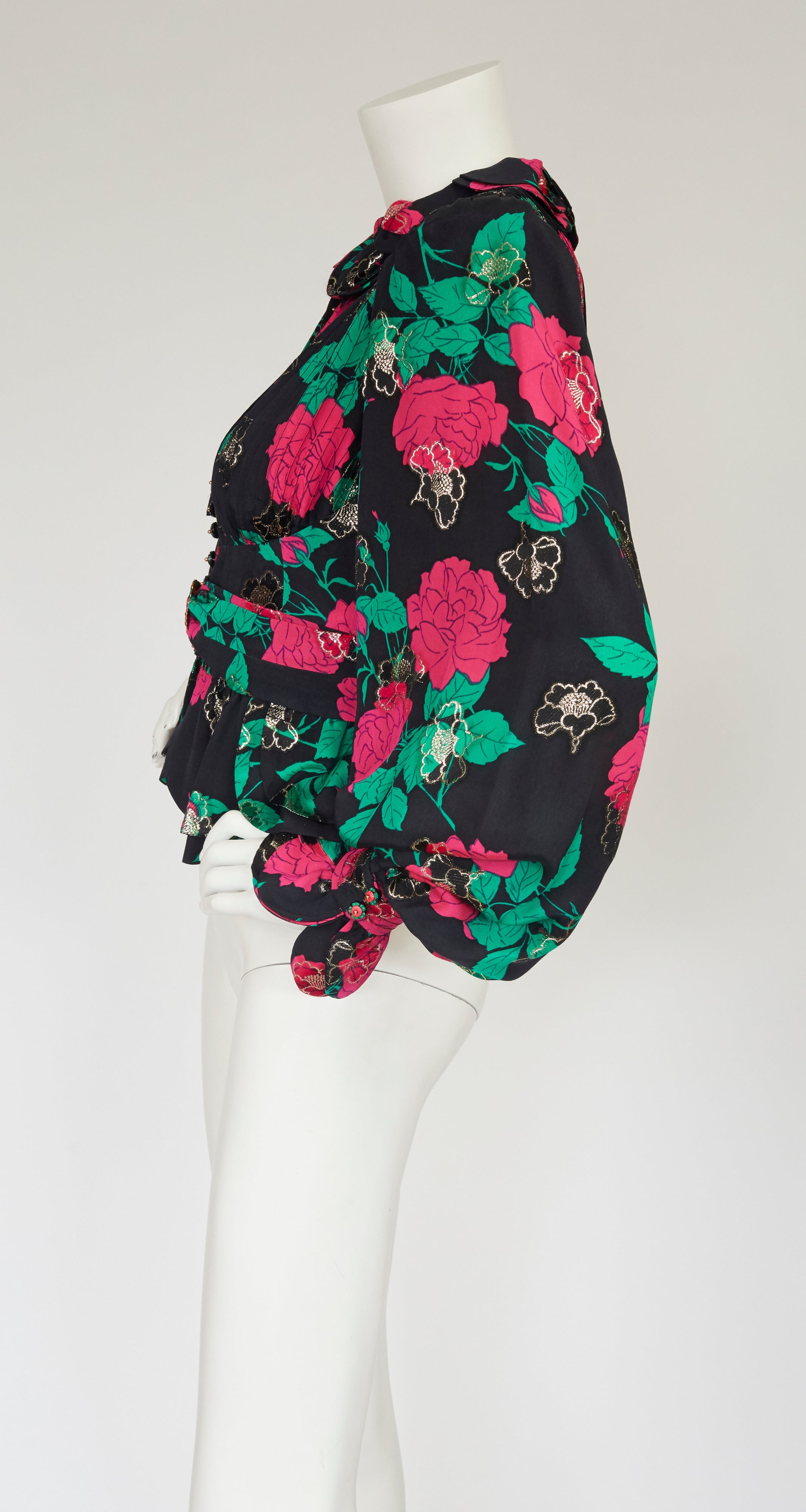 1970s Floral Black Silk Lamé Bishop Sleeve Blouse