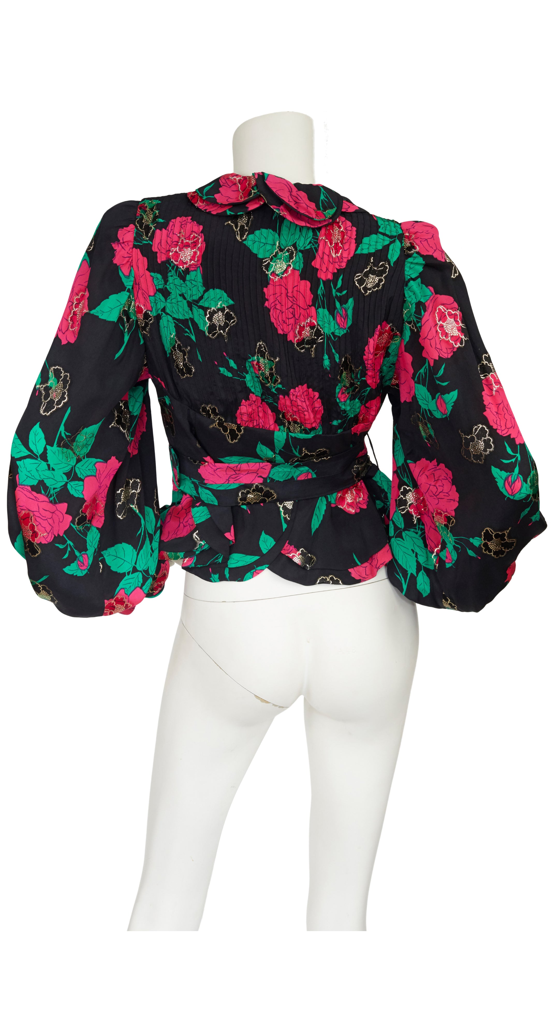 1970s Floral Black Silk Lamé Bishop Sleeve Blouse