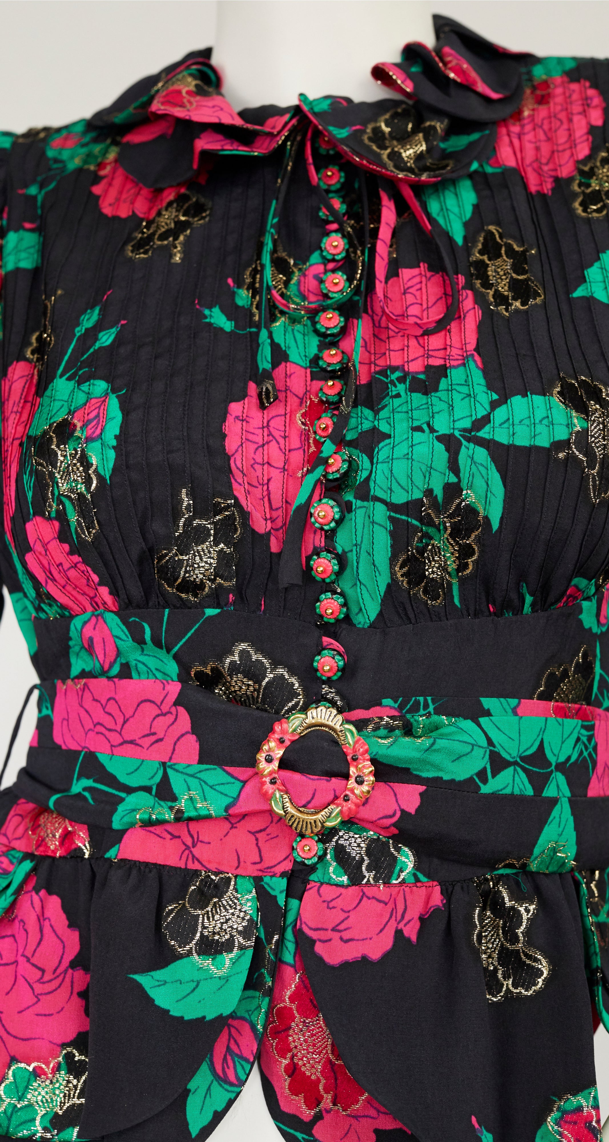 1970s Floral Black Silk Lamé Bishop Sleeve Blouse
