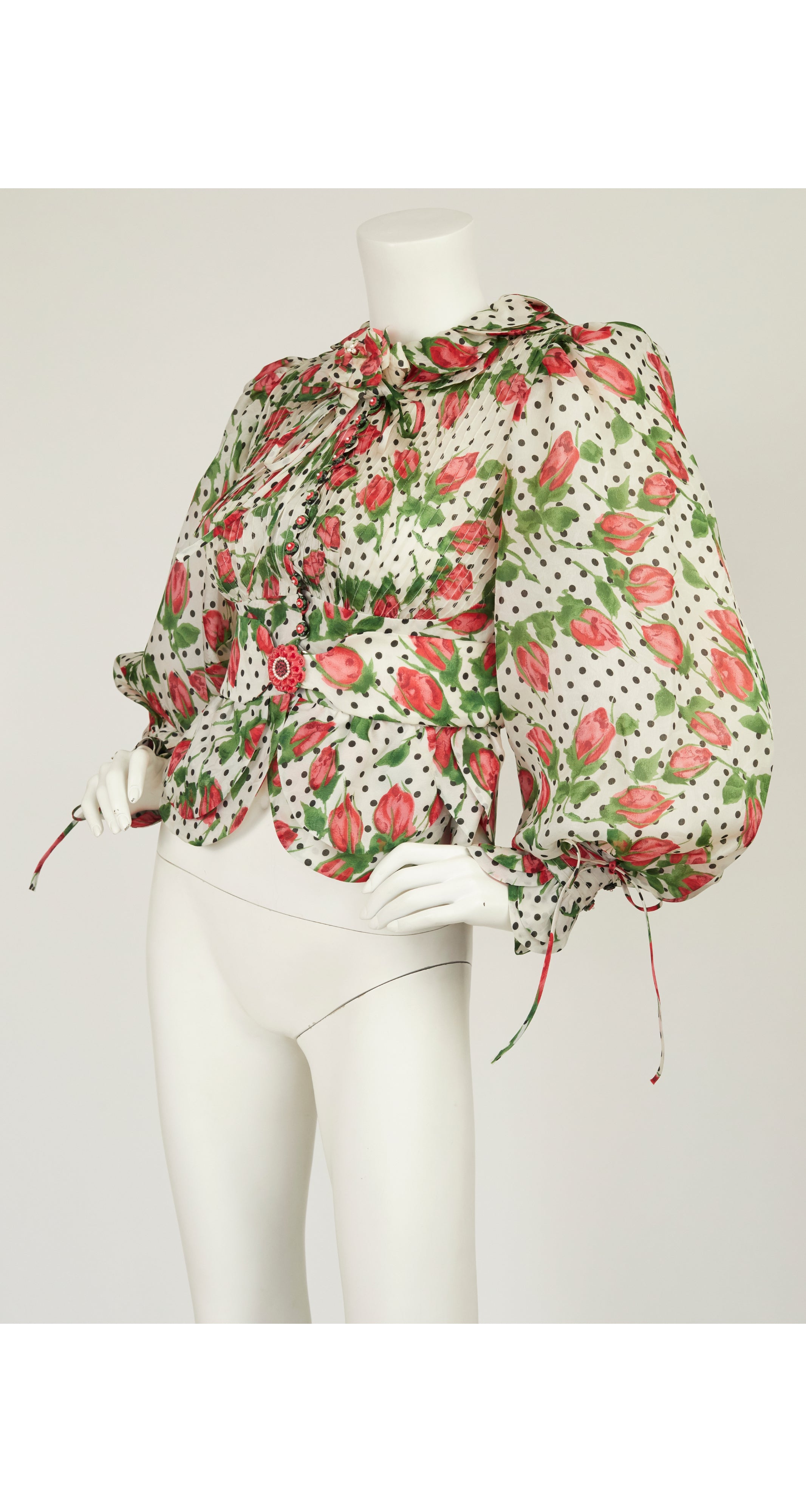 1970s Rosebud Silk Organza Balloon Sleeve Blouse