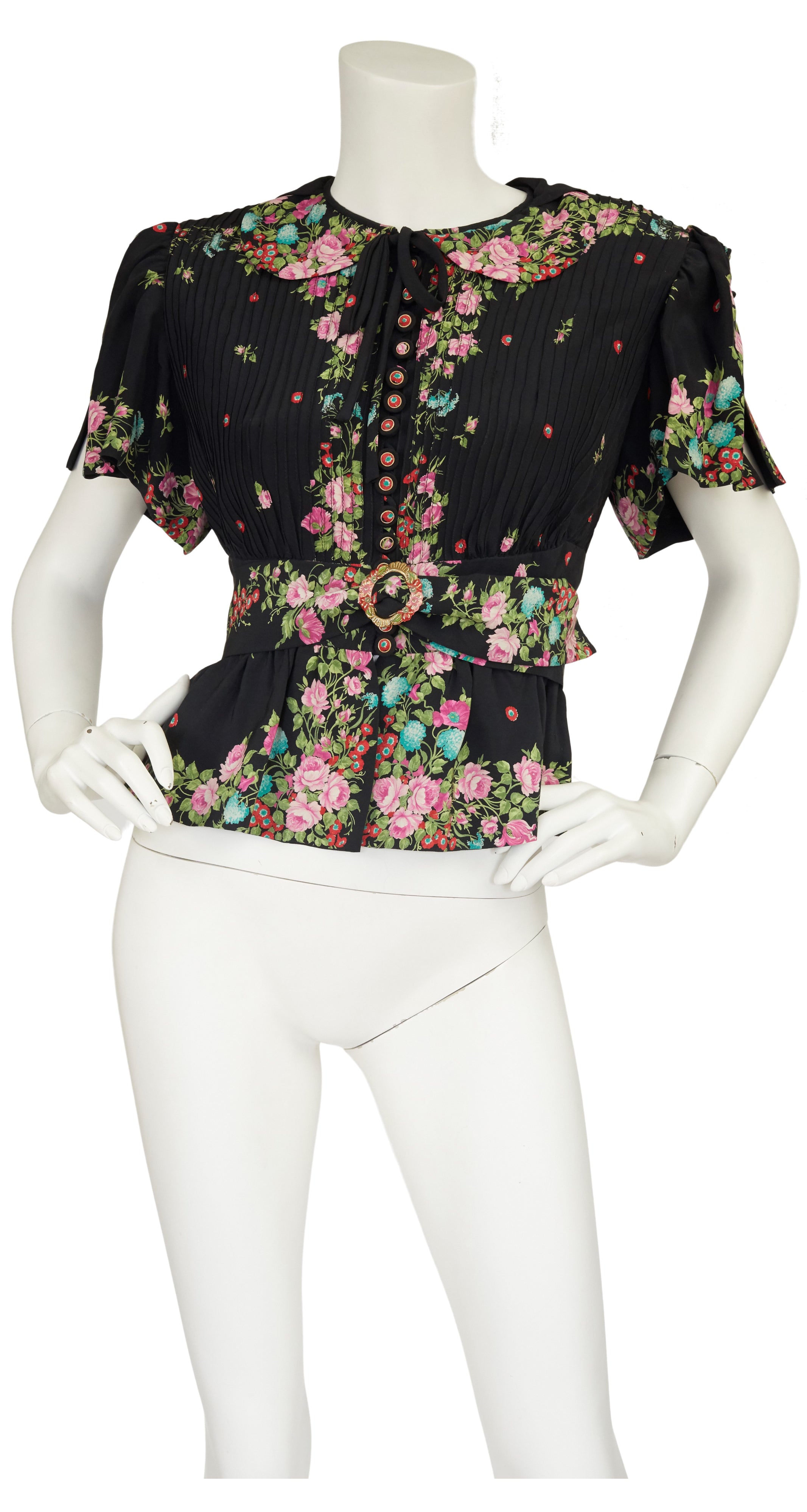 1970s Floral Navy Silk Flutter Sleeve Blouse