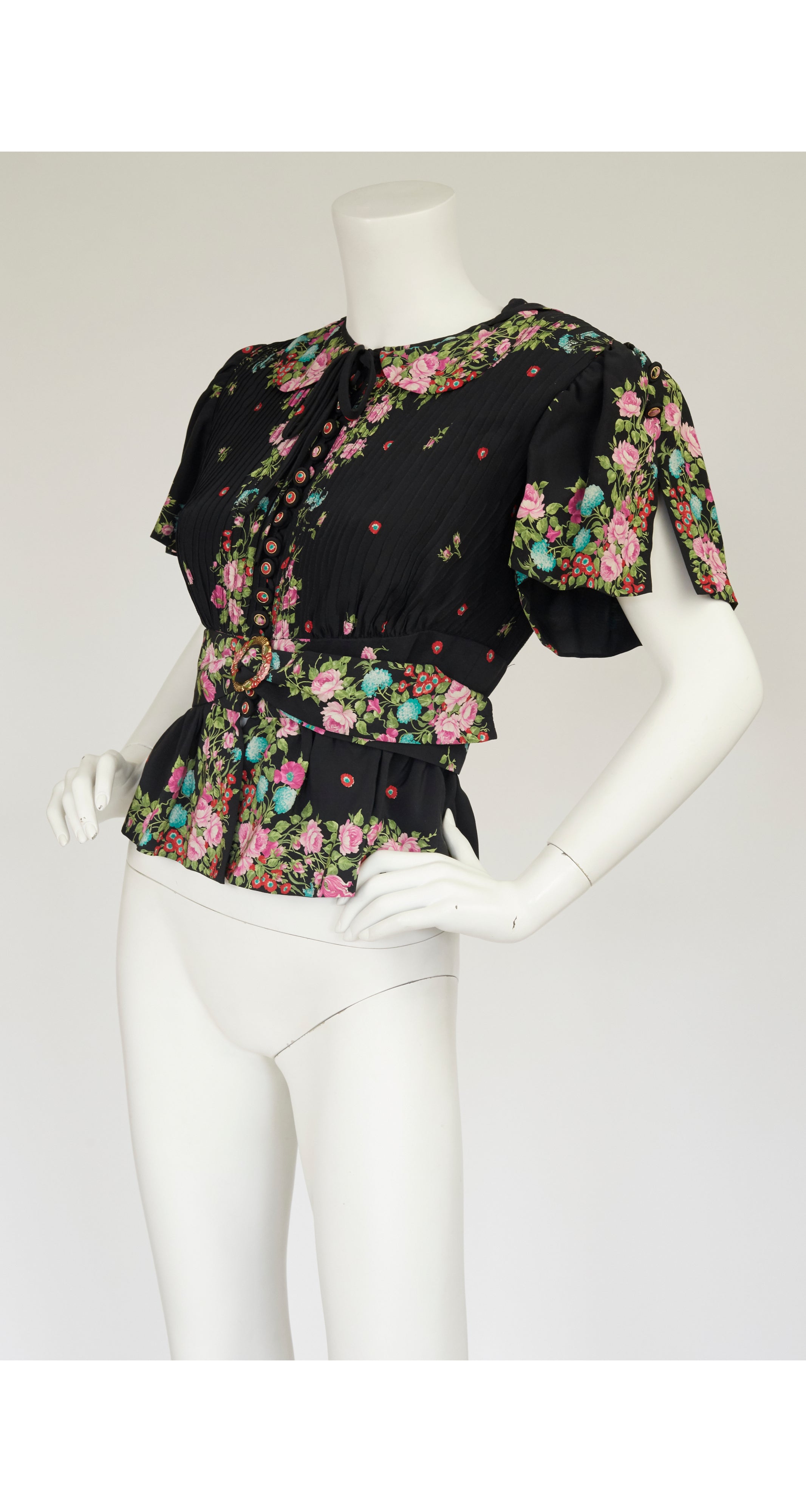 1970s Floral Navy Silk Flutter Sleeve Blouse