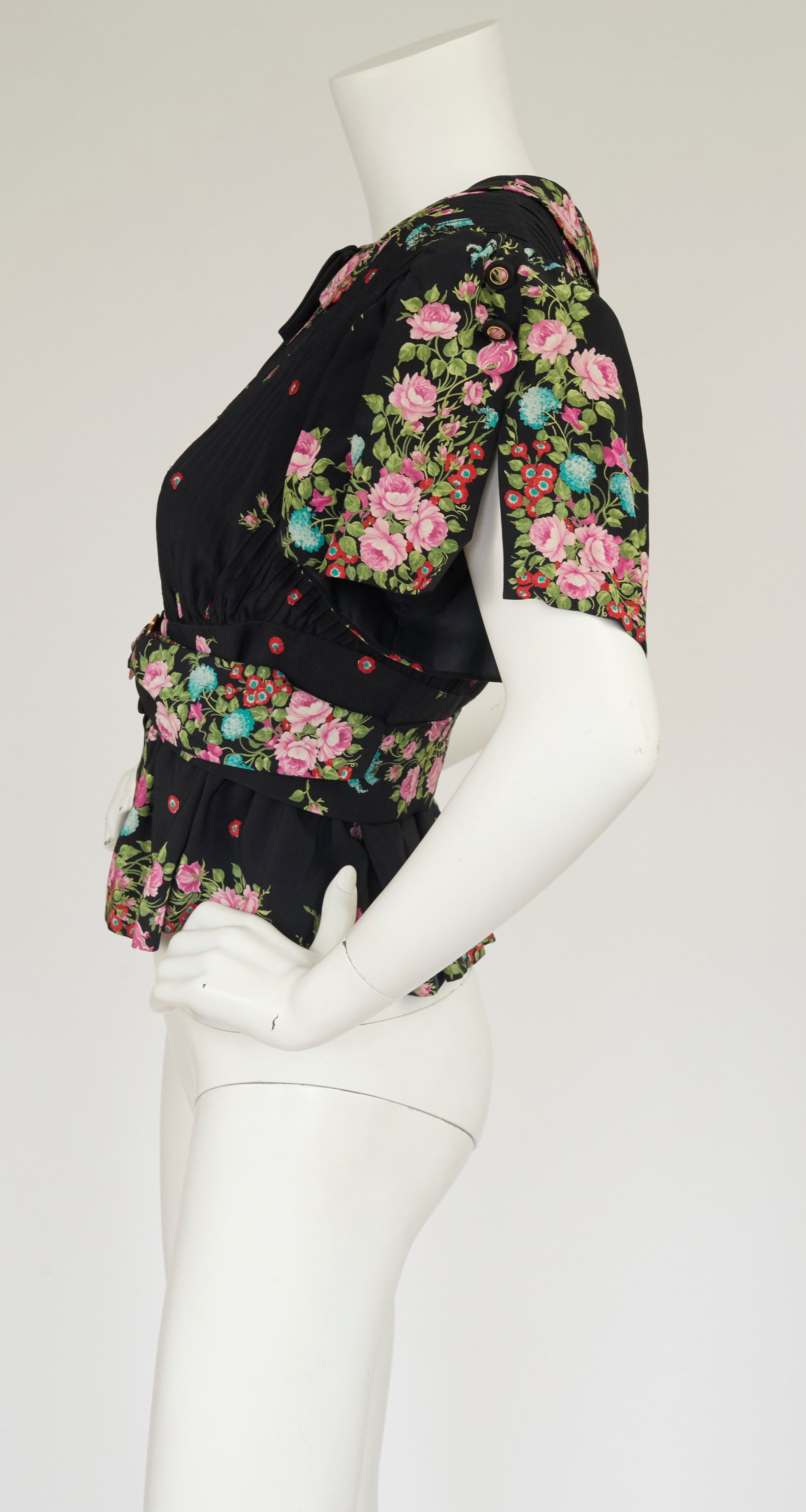 1970s Floral Navy Silk Flutter Sleeve Blouse