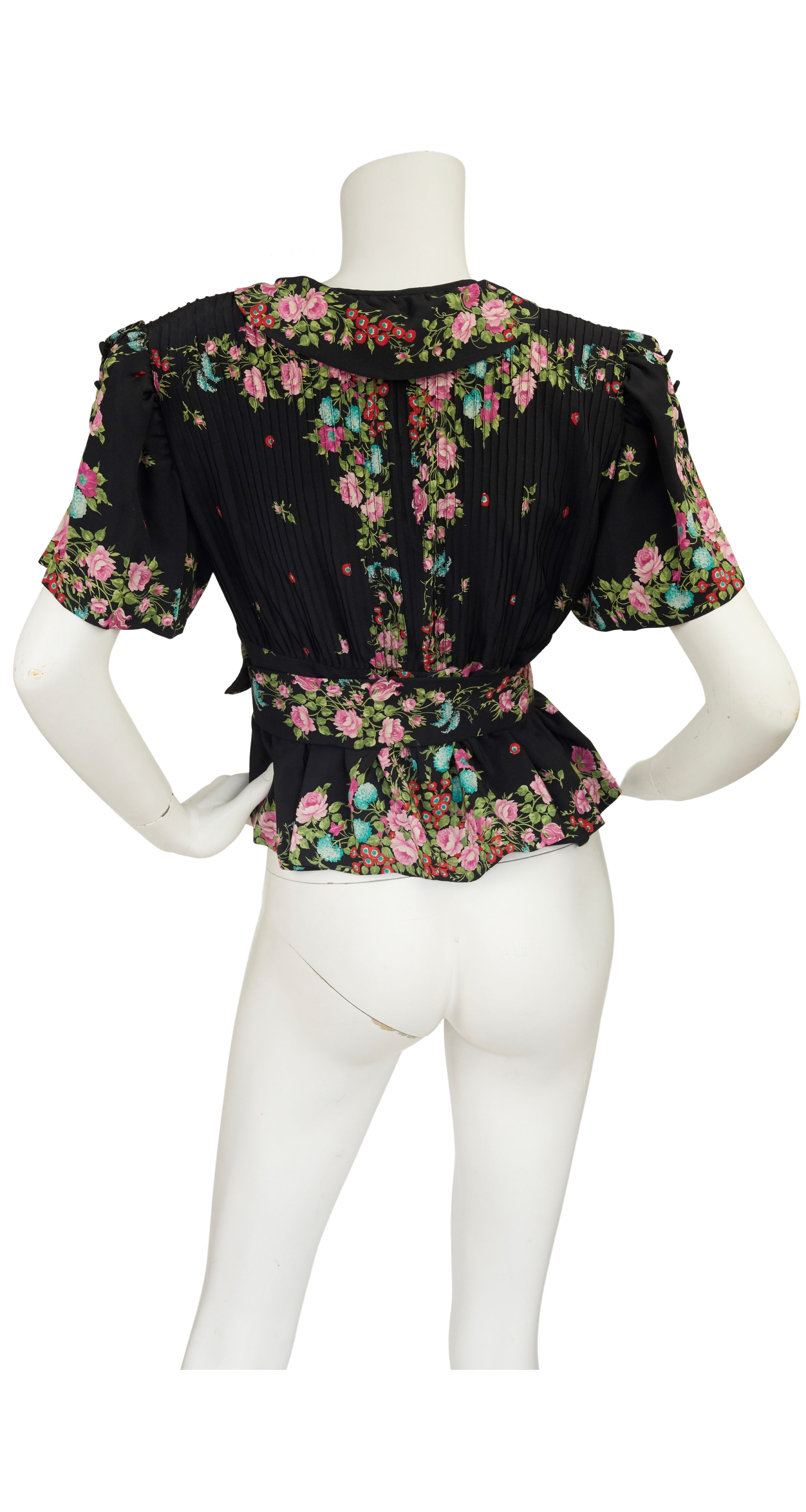 1970s Floral Navy Silk Flutter Sleeve Blouse