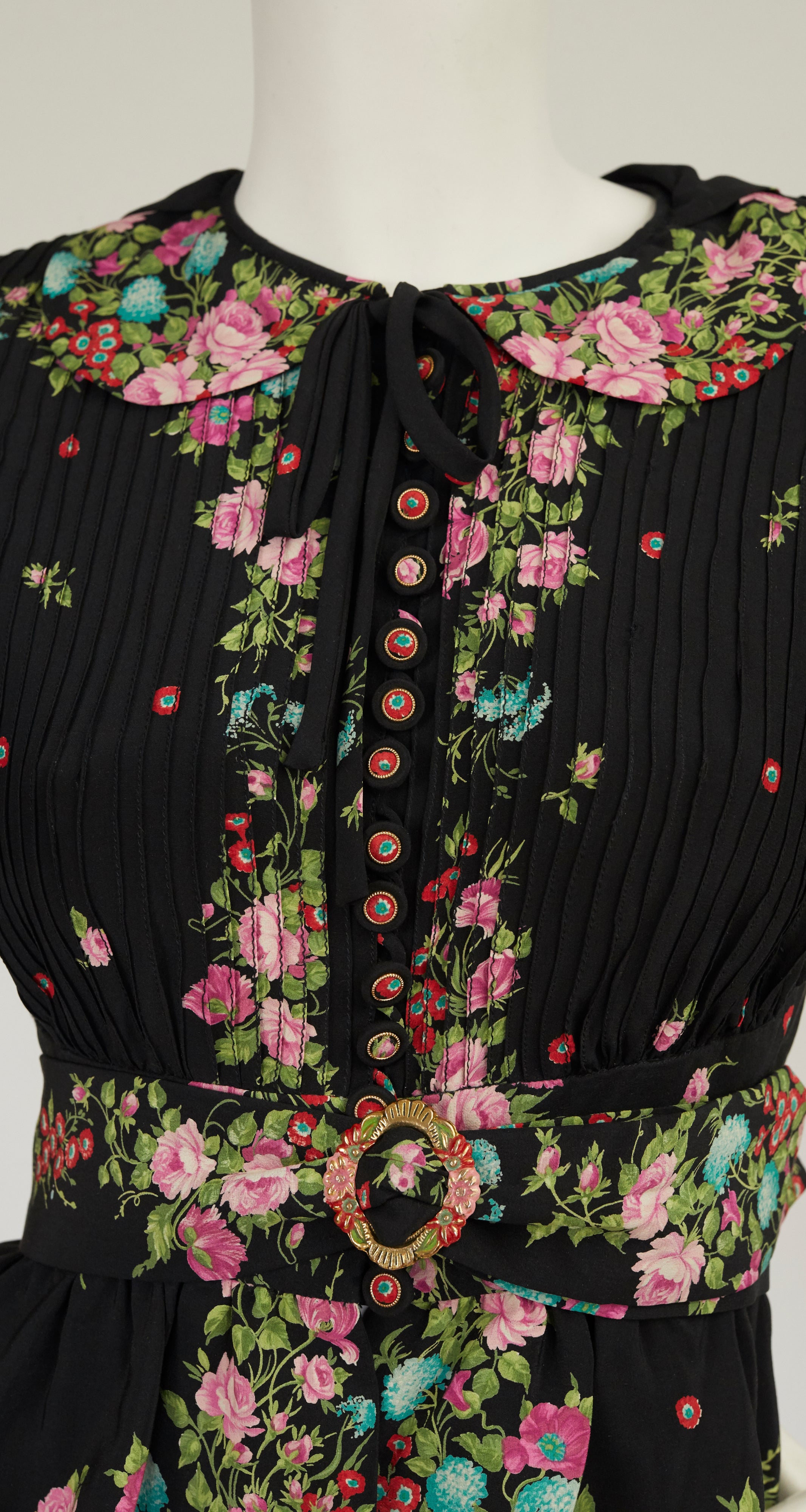 1970s Floral Navy Silk Flutter Sleeve Blouse