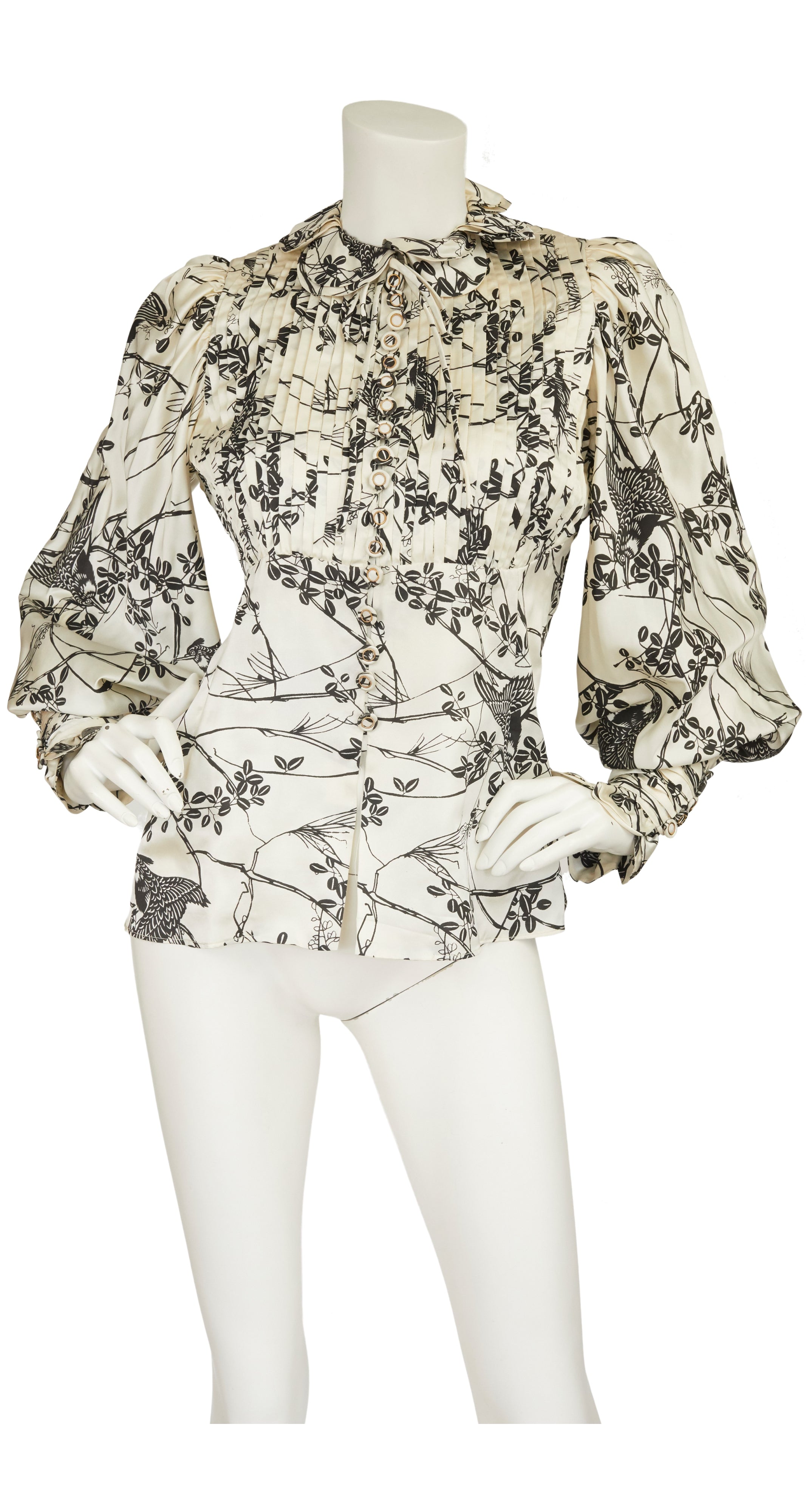 1970s Bird Print Cream Silk Bishop Sleeve Blouse