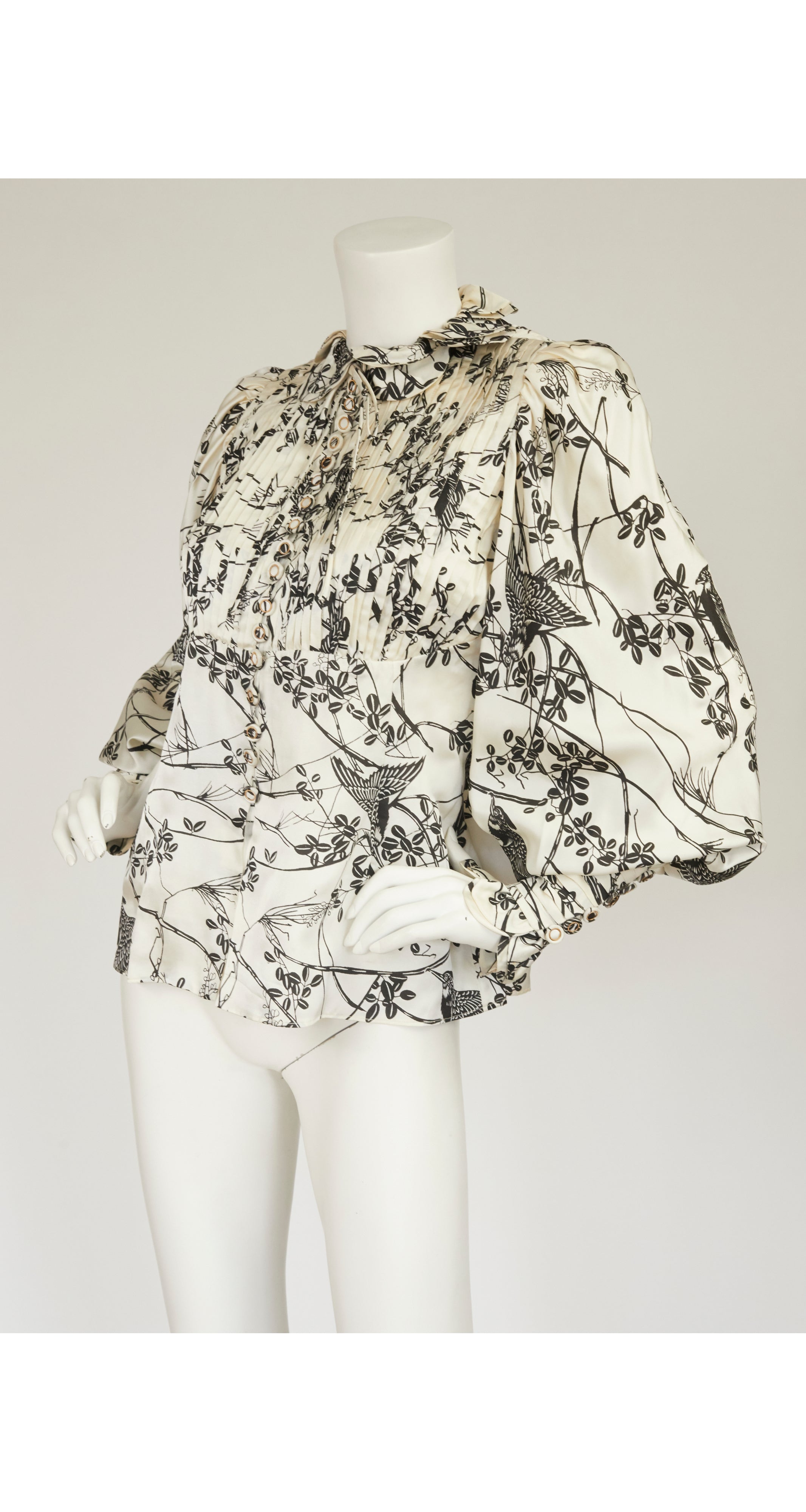 1970s Bird Print Cream Silk Bishop Sleeve Blouse