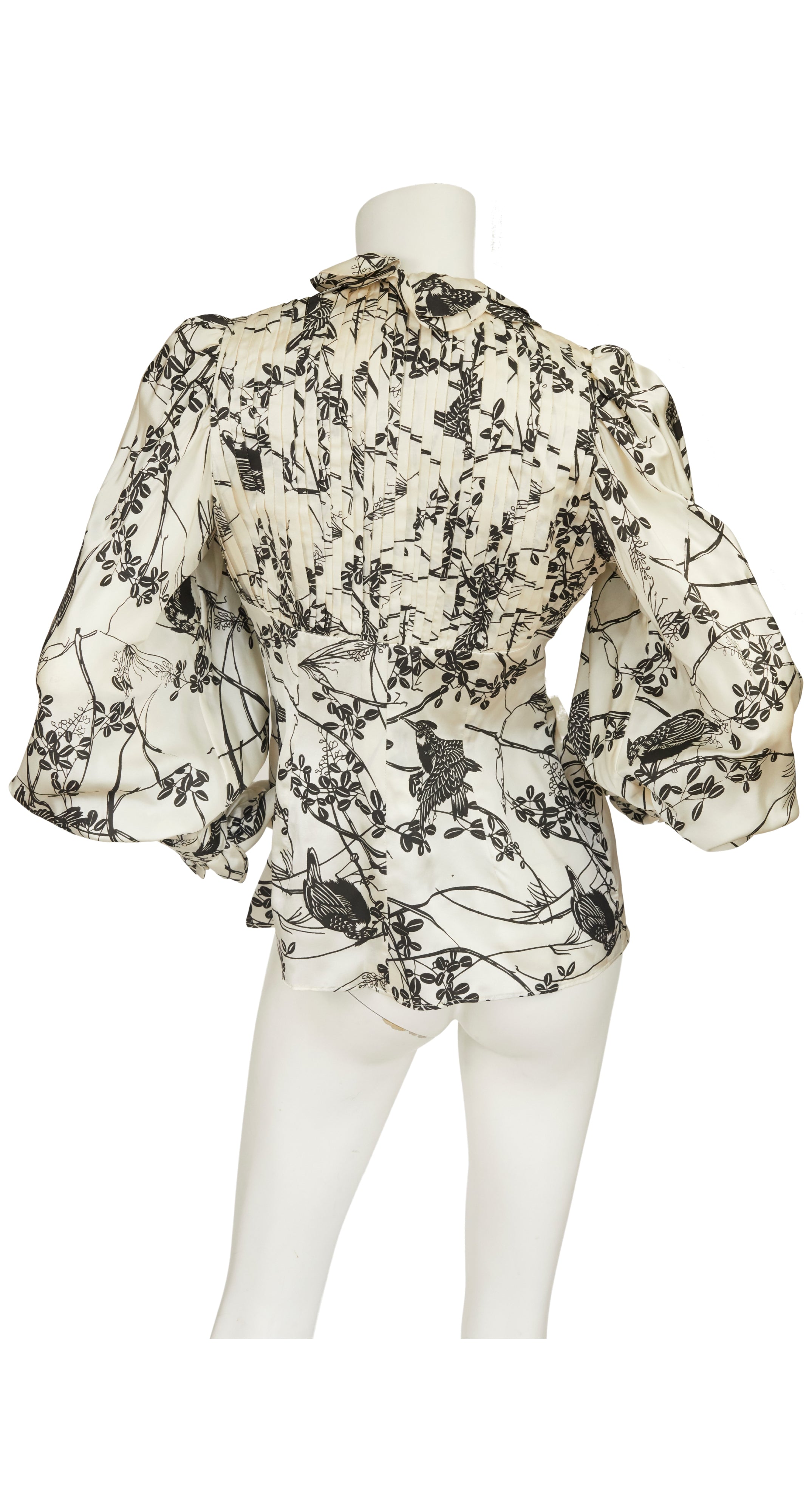 1970s Bird Print Cream Silk Bishop Sleeve Blouse