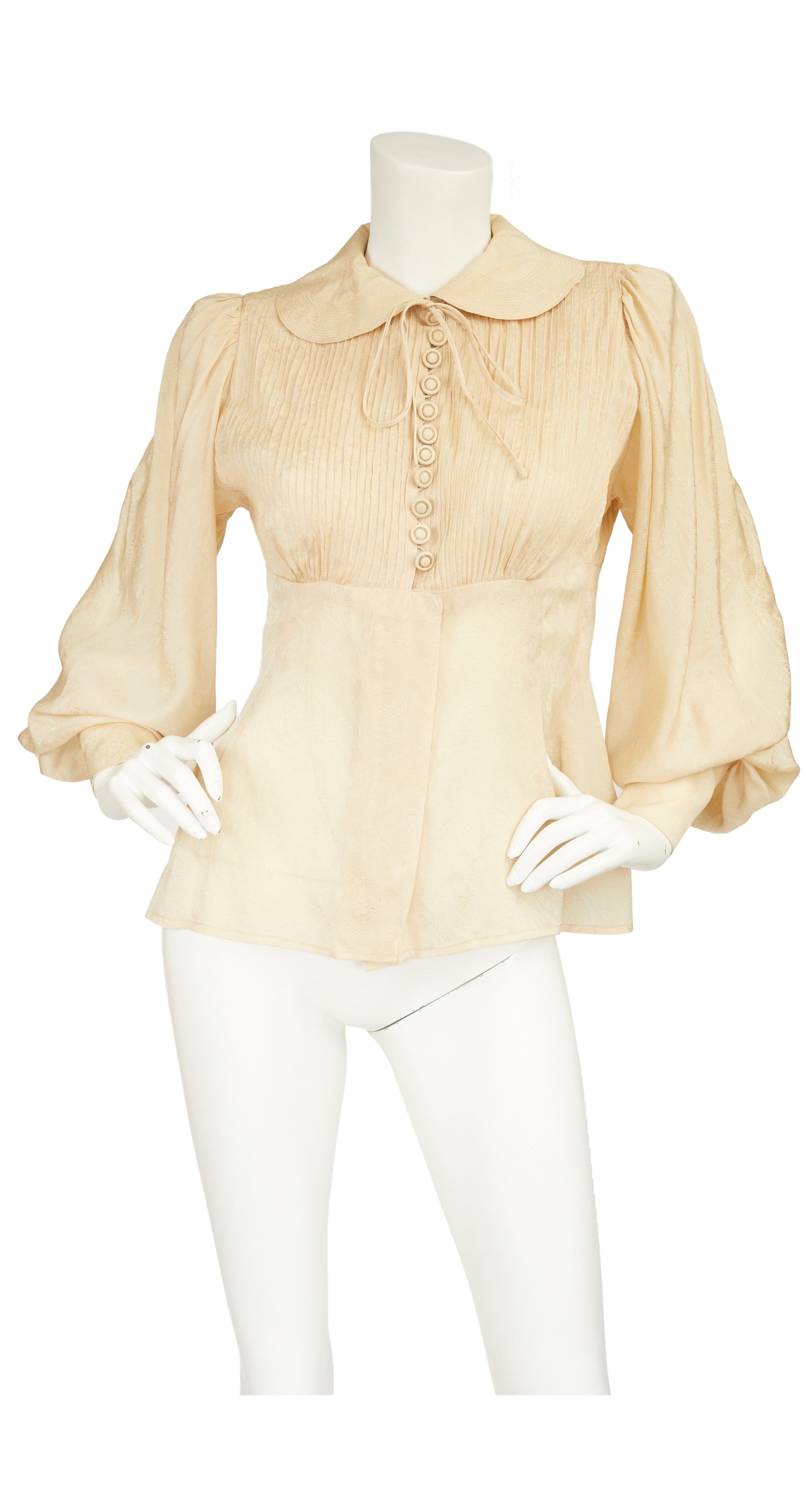 1970s Cream Silk Jacquard Bishop Sleeve Blouse