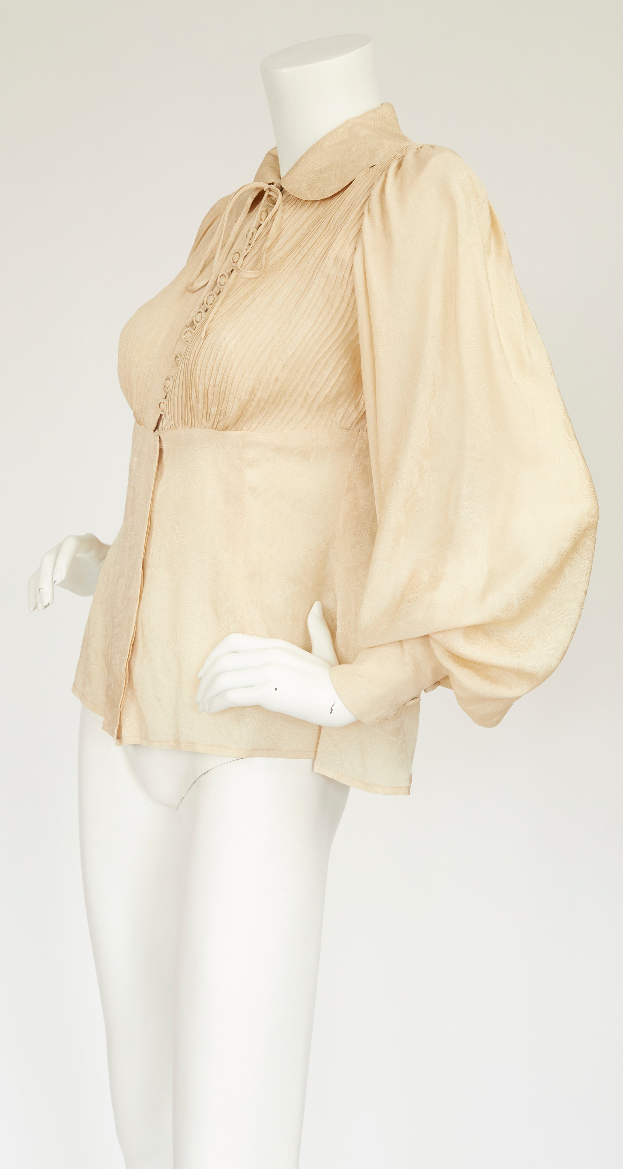 1970s Cream Silk Jacquard Bishop Sleeve Blouse