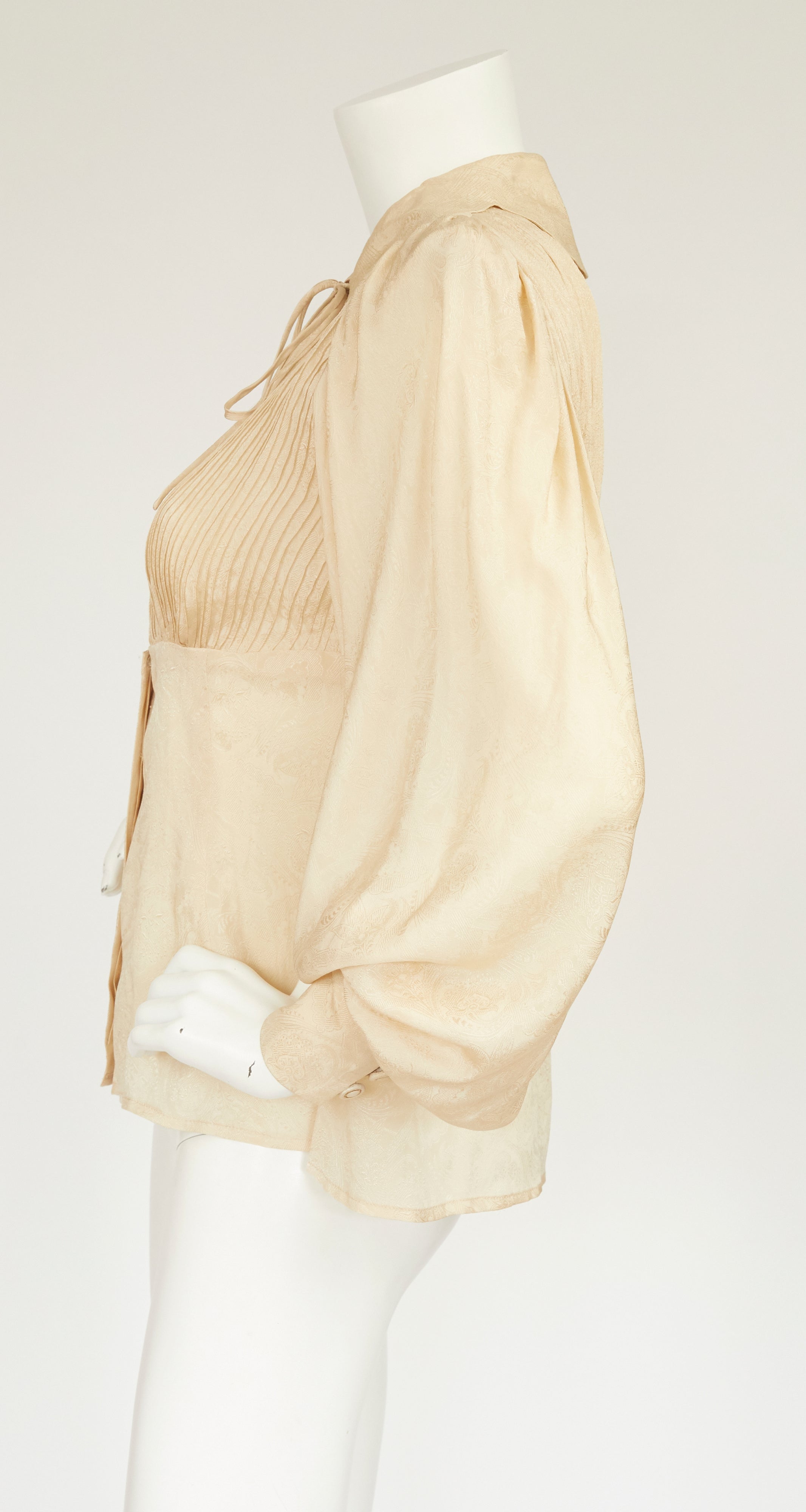 1970s Cream Silk Jacquard Bishop Sleeve Blouse