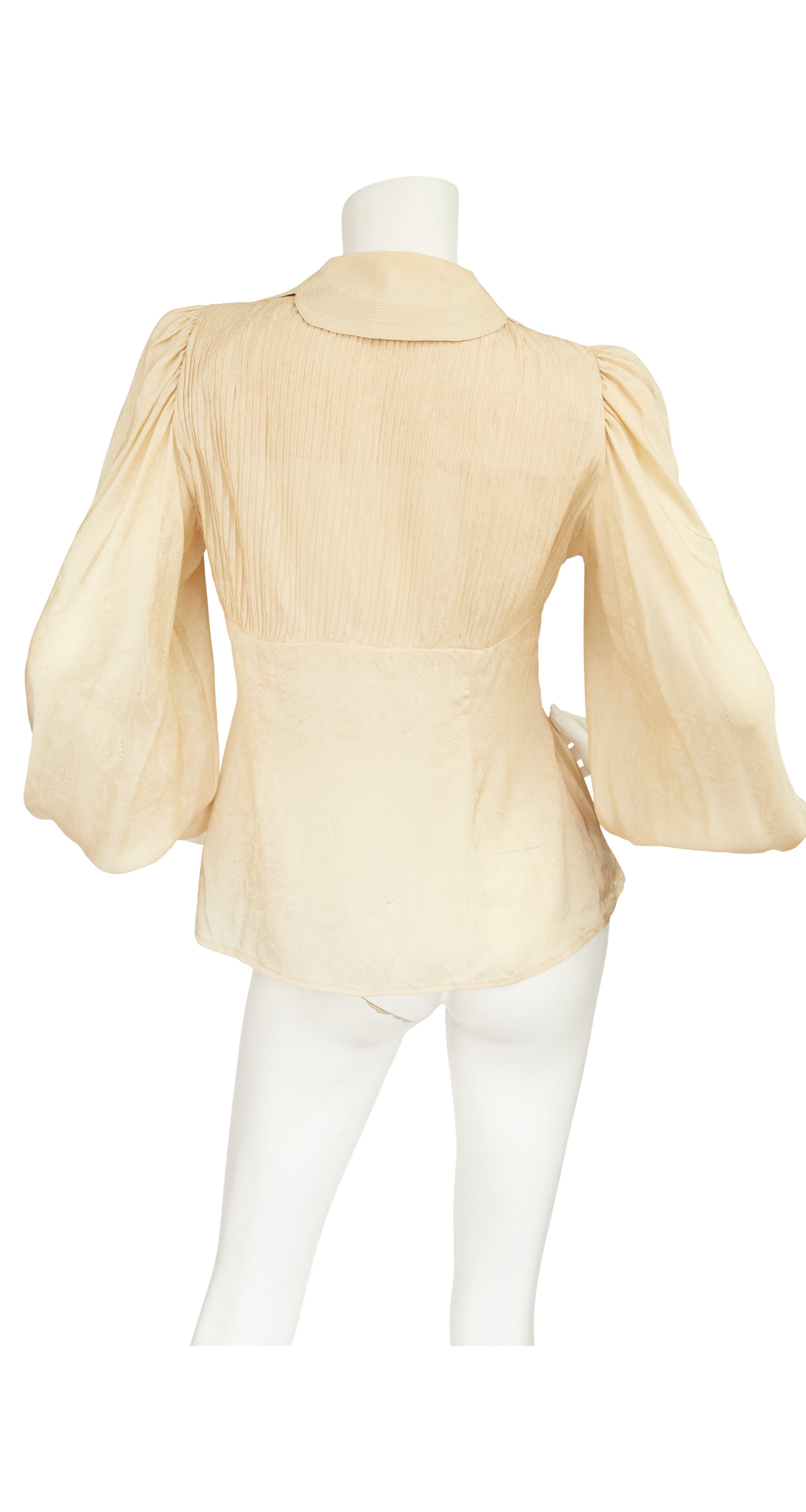 1970s Cream Silk Jacquard Bishop Sleeve Blouse