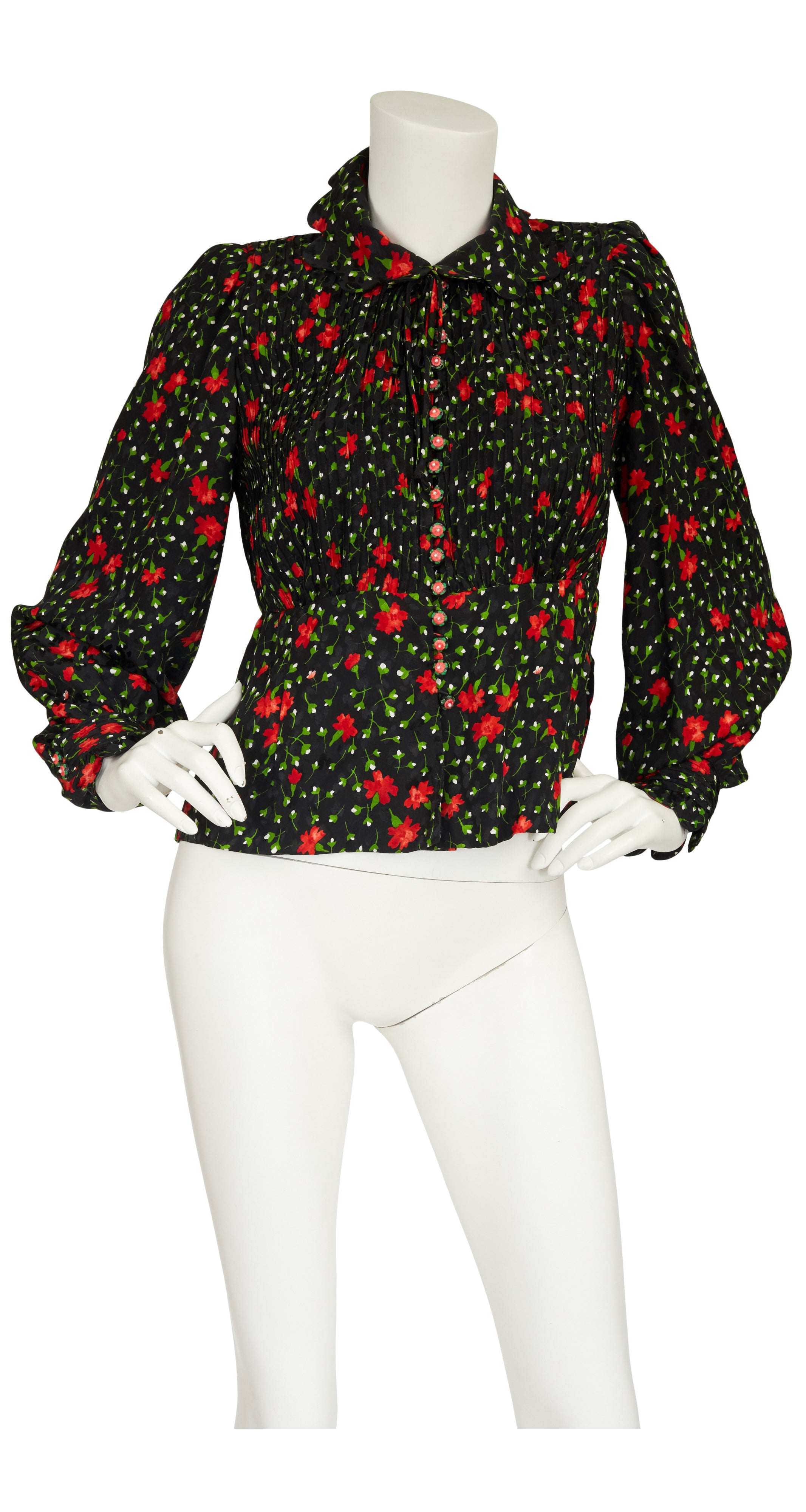 1970s Black & Red Floral Silk Bishop Sleeve Blouse