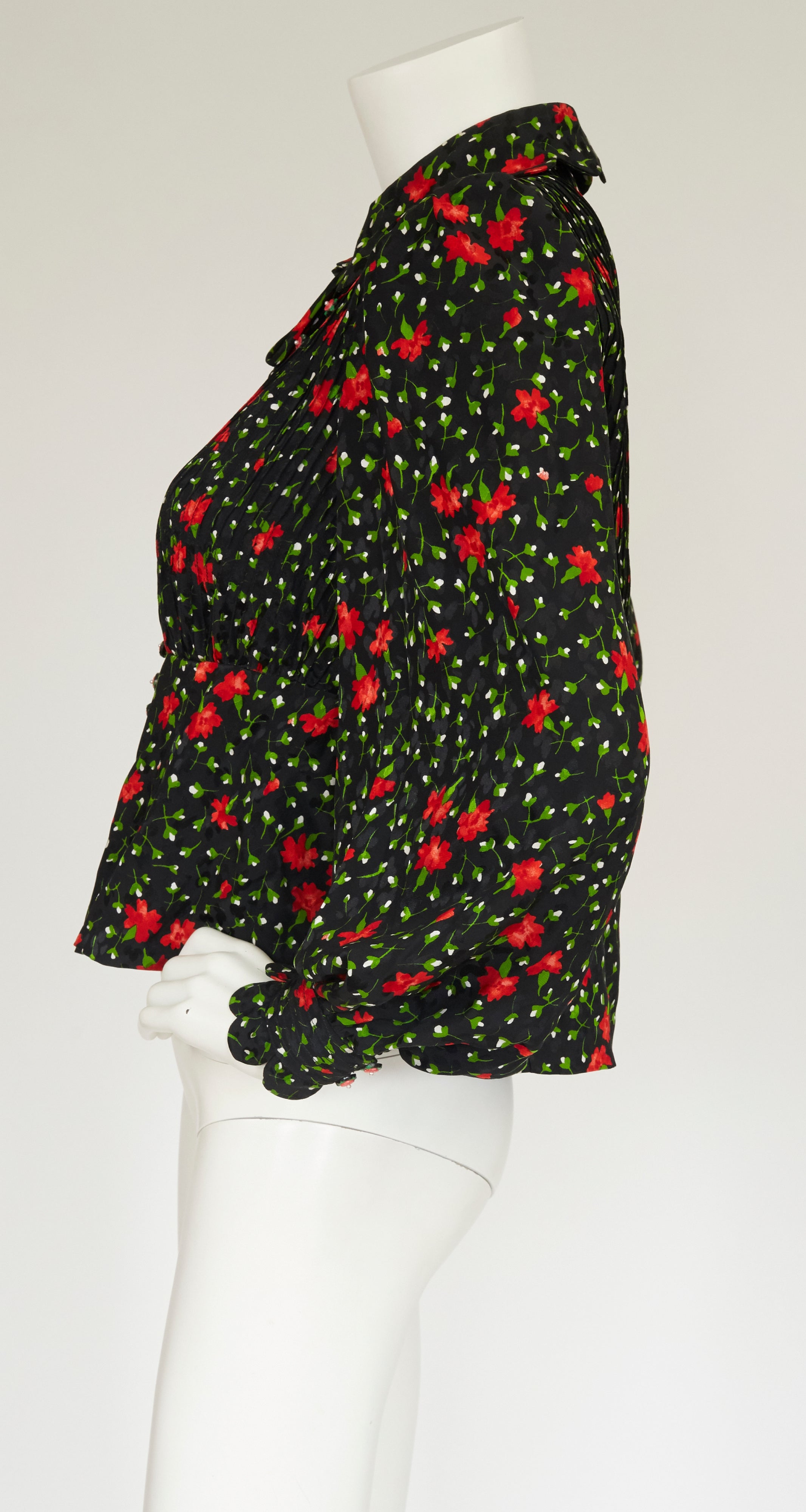 1970s Black & Red Floral Silk Bishop Sleeve Blouse