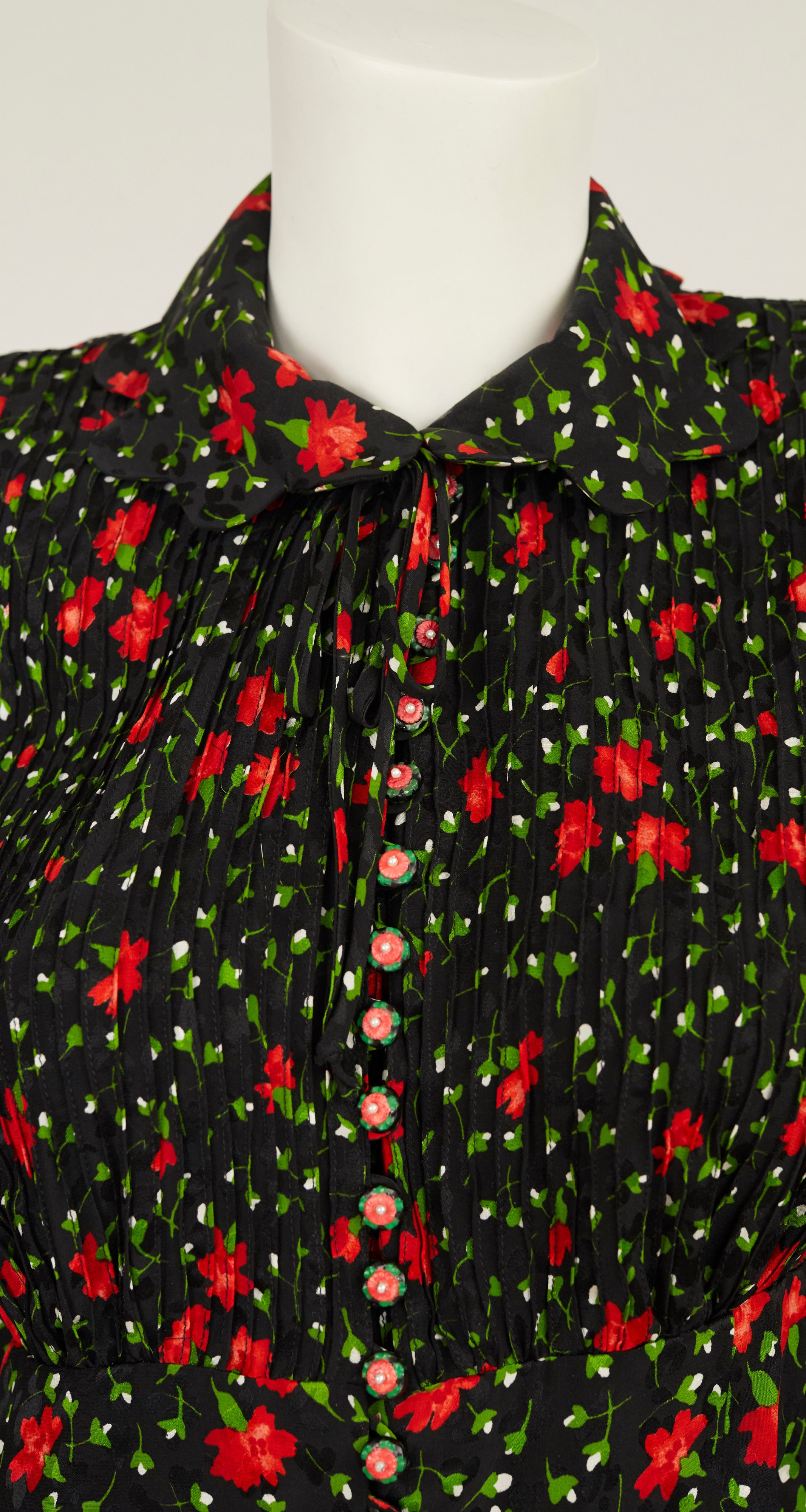 1970s Black & Red Floral Silk Bishop Sleeve Blouse