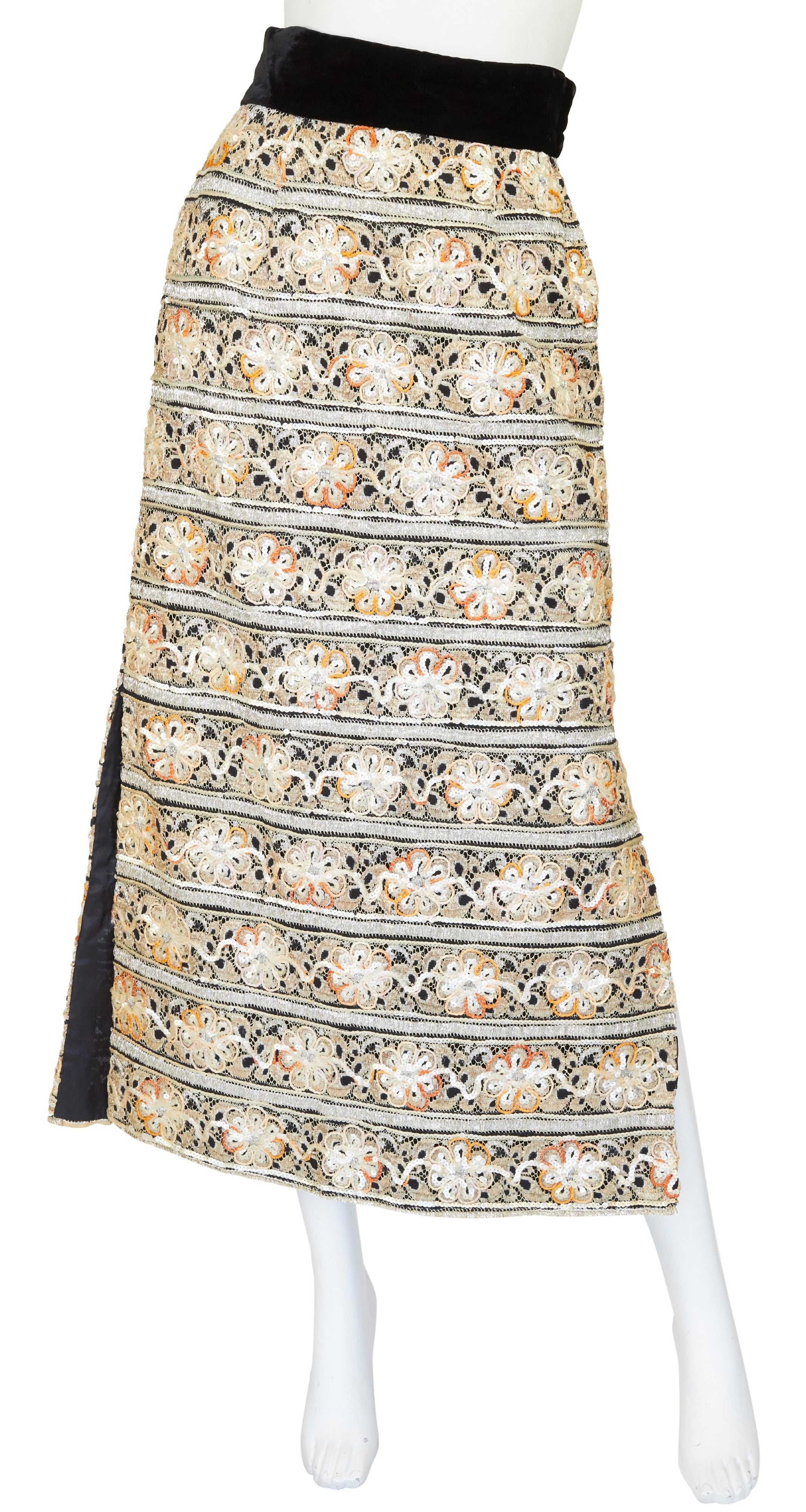 1960s Embellished Metallic Lace & Black Velvet Evening Skirt