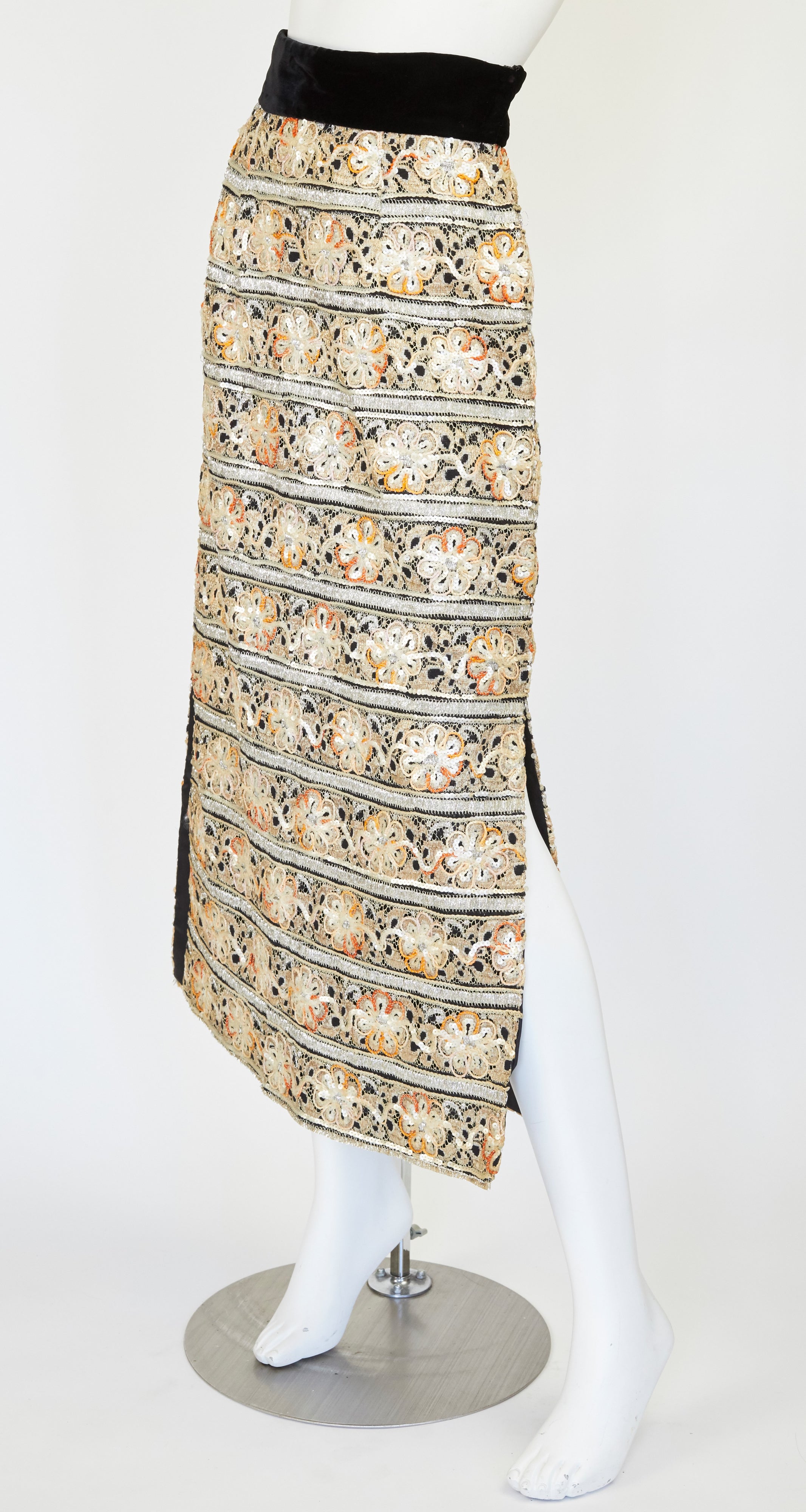1960s Embellished Metallic Lace & Black Velvet Evening Skirt