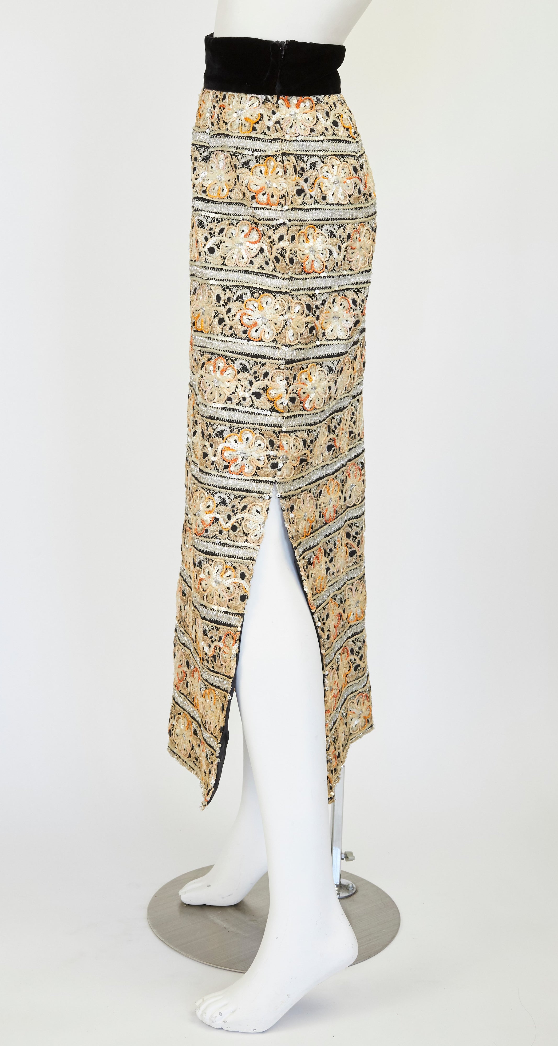 1960s Embellished Metallic Lace & Black Velvet Evening Skirt