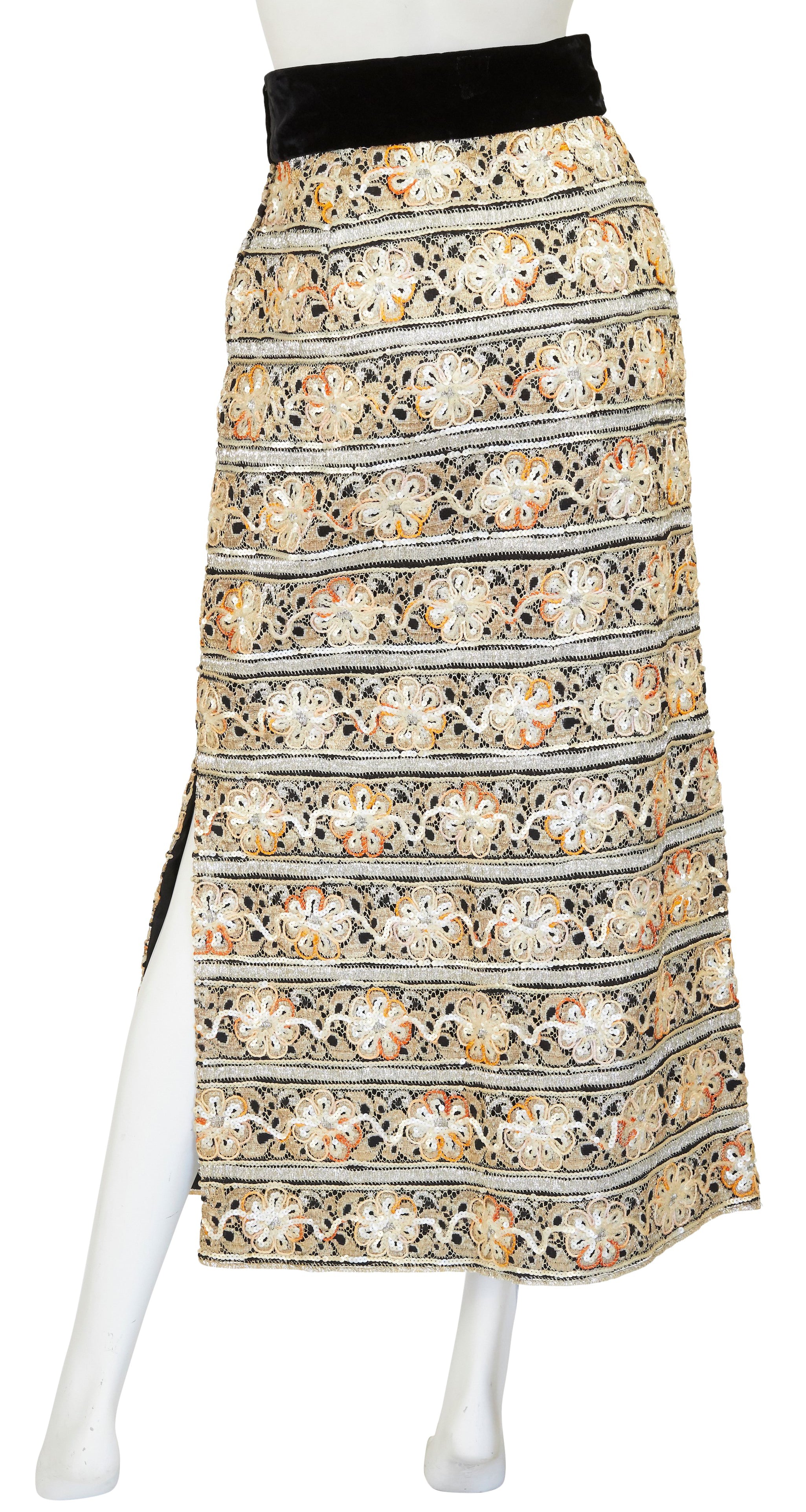 1960s Embellished Metallic Lace & Black Velvet Evening Skirt