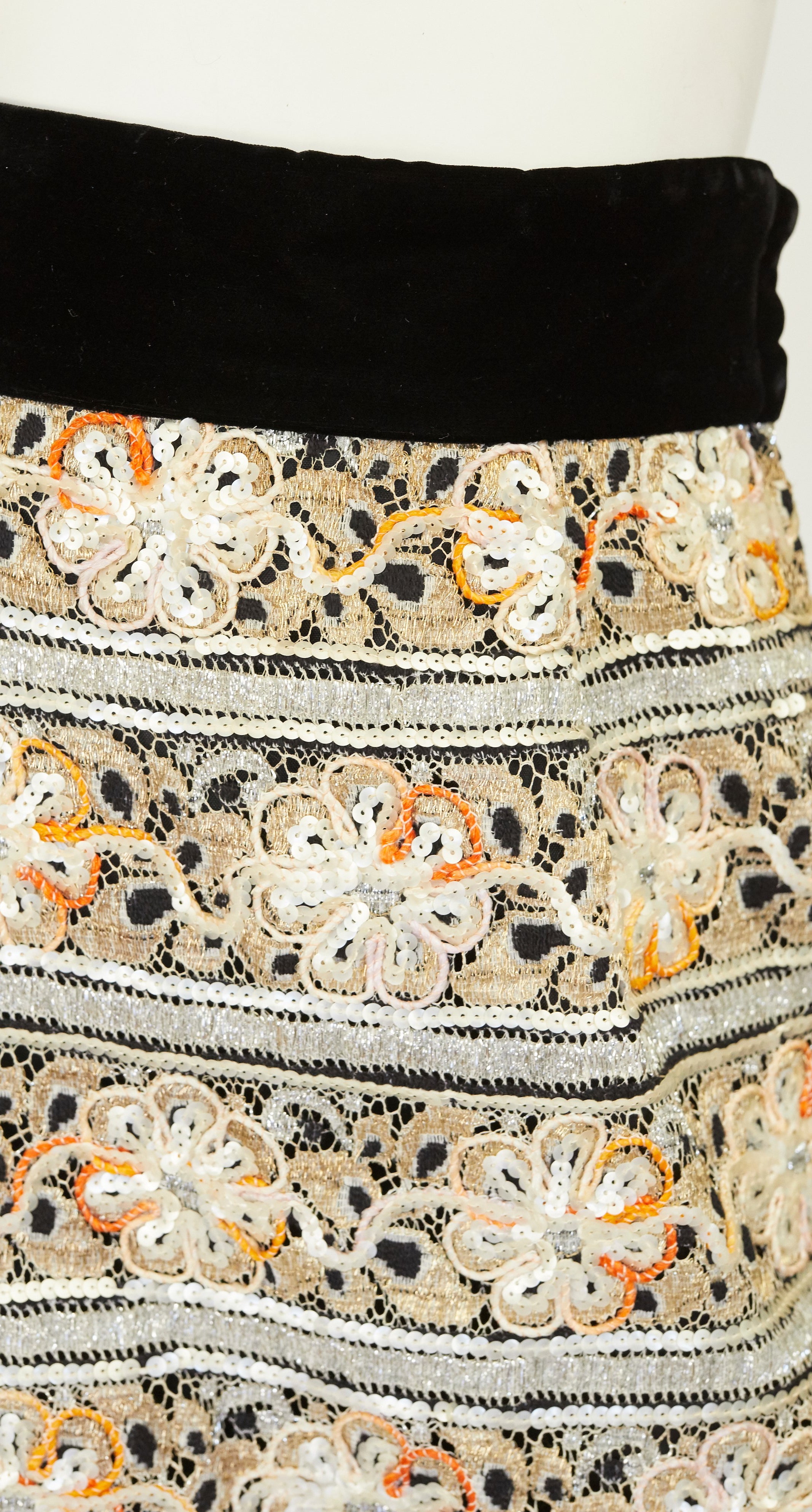 1960s Embellished Metallic Lace & Black Velvet Evening Skirt