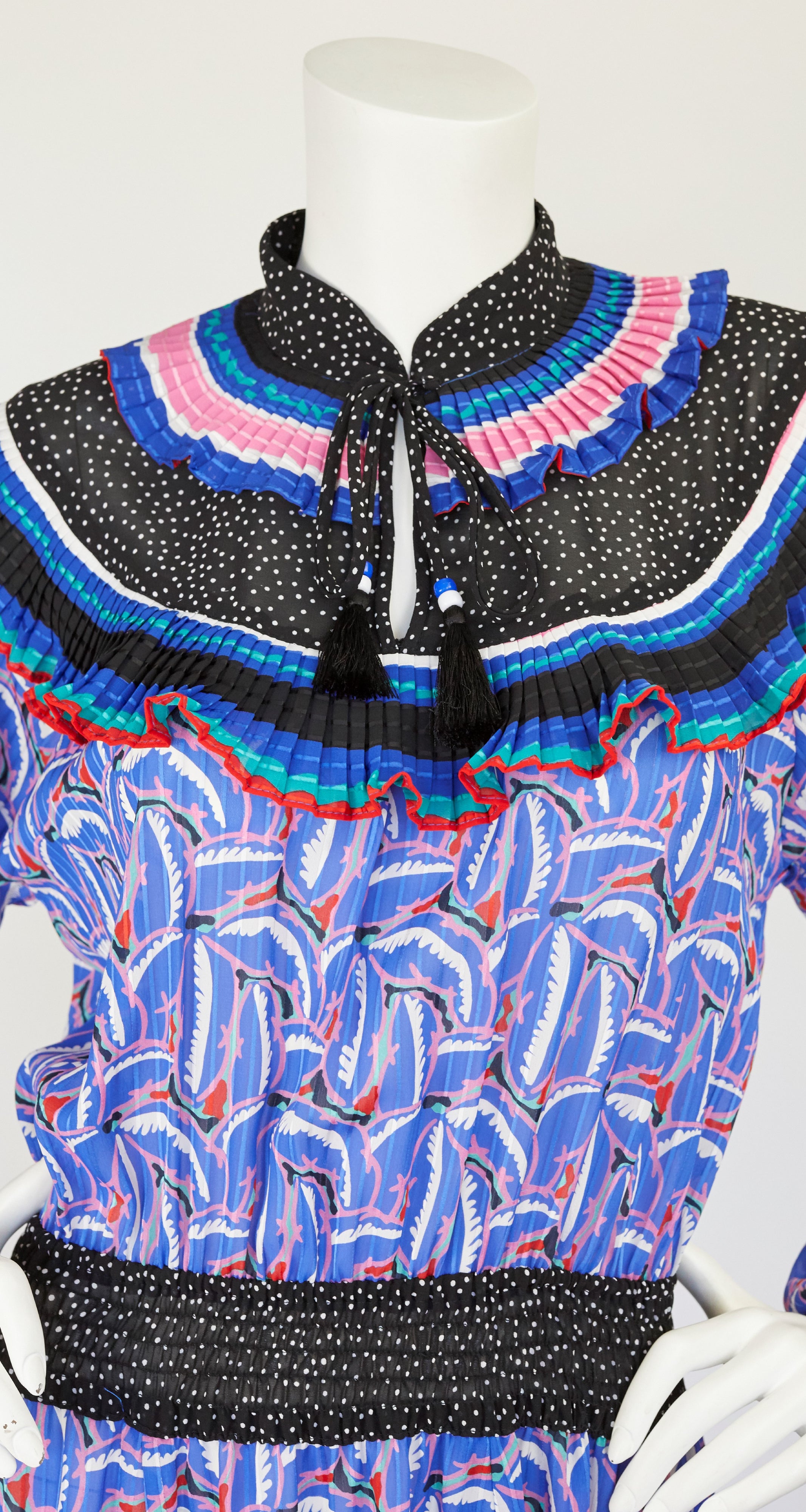 1980s Ruffled Collar Printed Georgette Dress