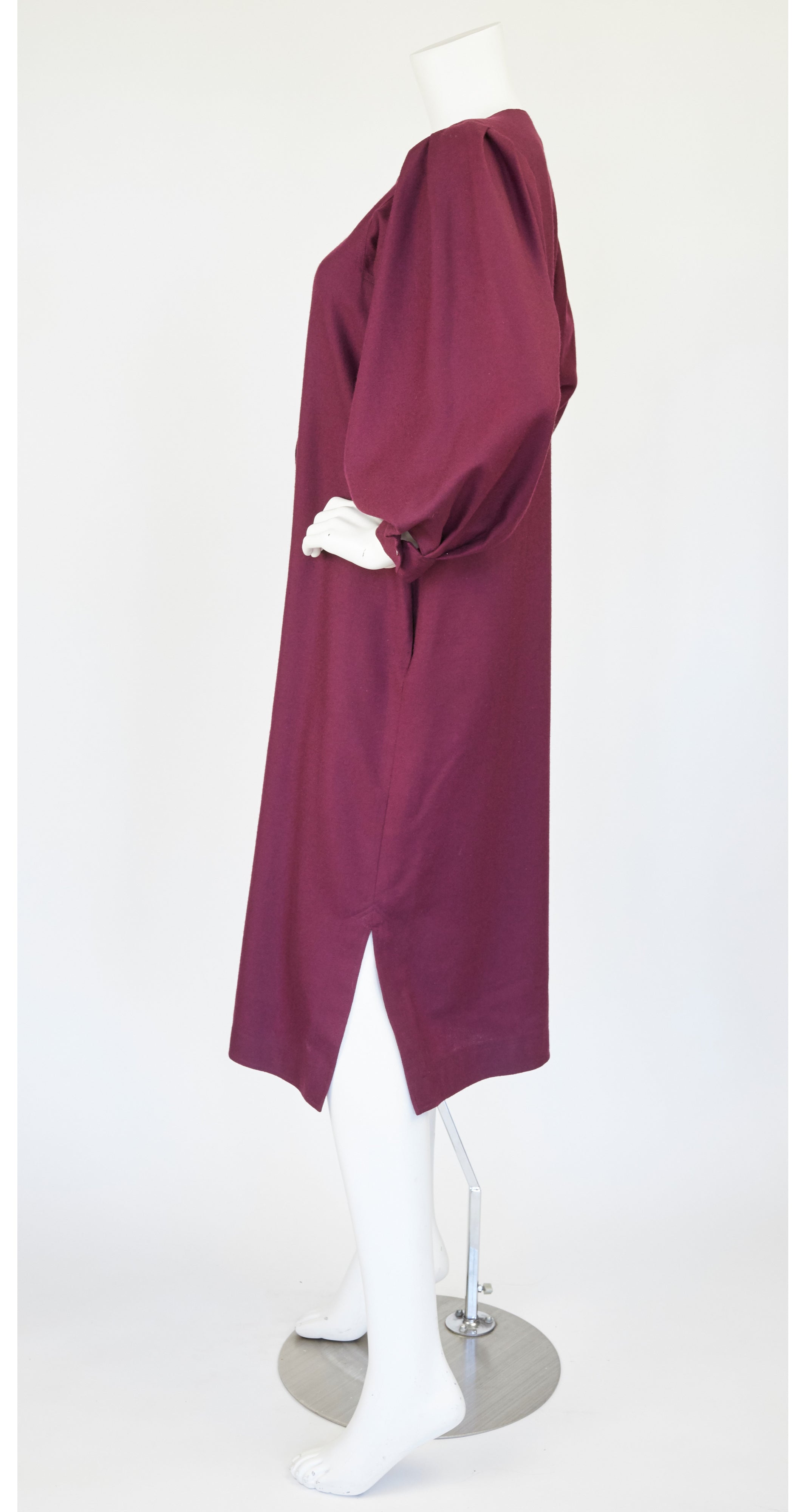 1980s Burgundy Wool Poet Sleeve Dress