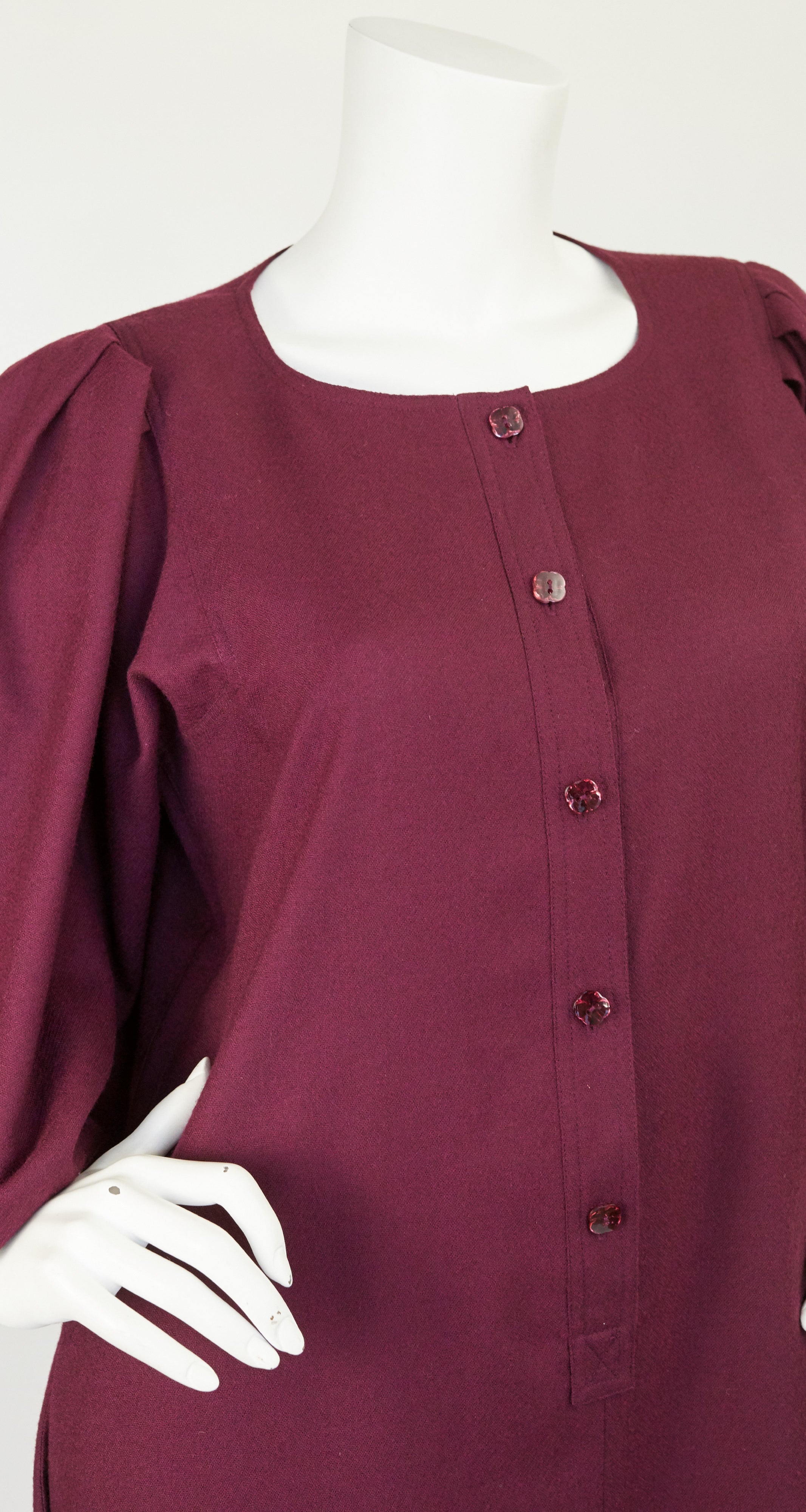 1980s Burgundy Wool Poet Sleeve Dress