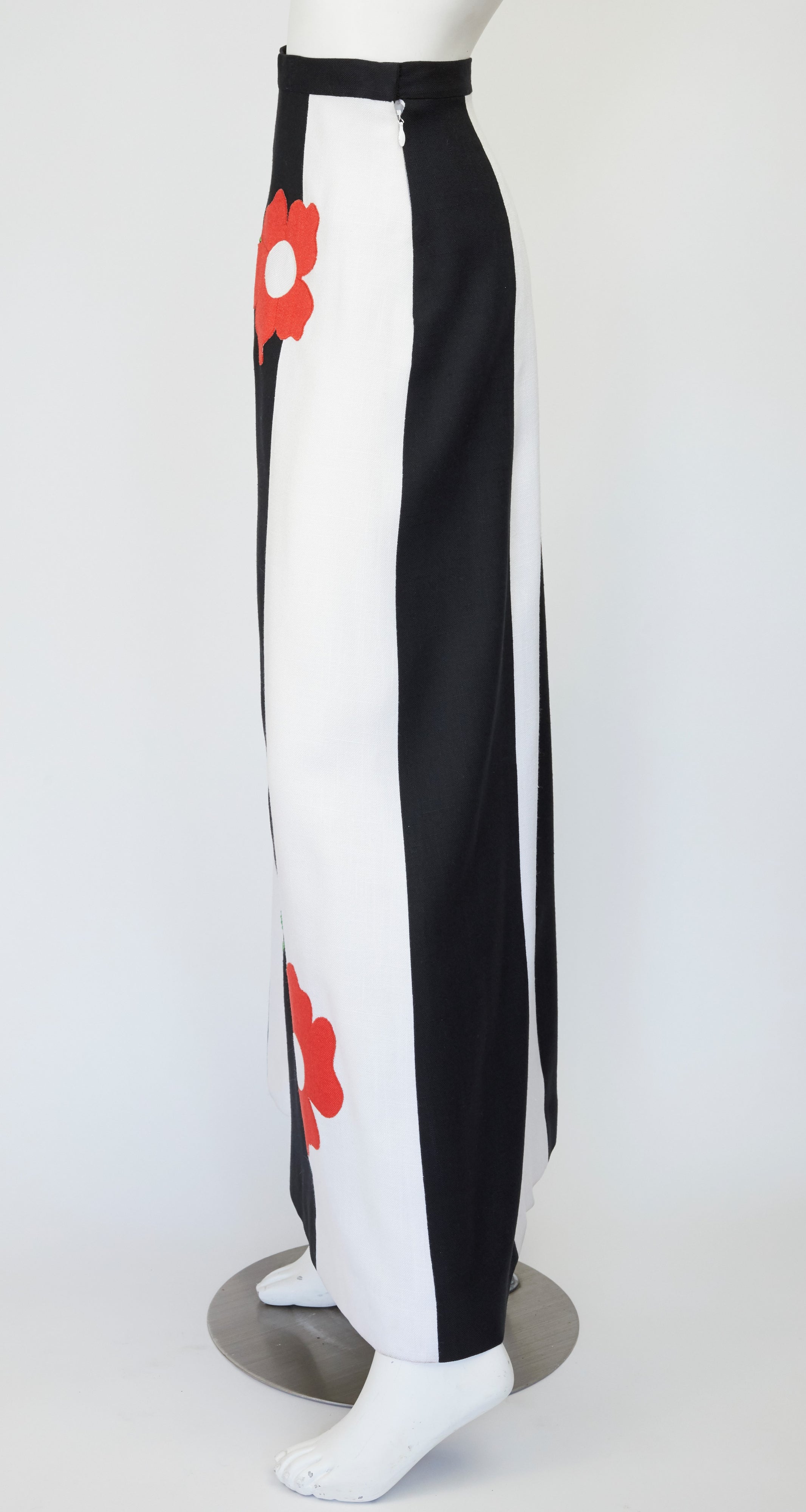 1970s Floral Pop-Art Black & White Striped Linen Maxi Skirt