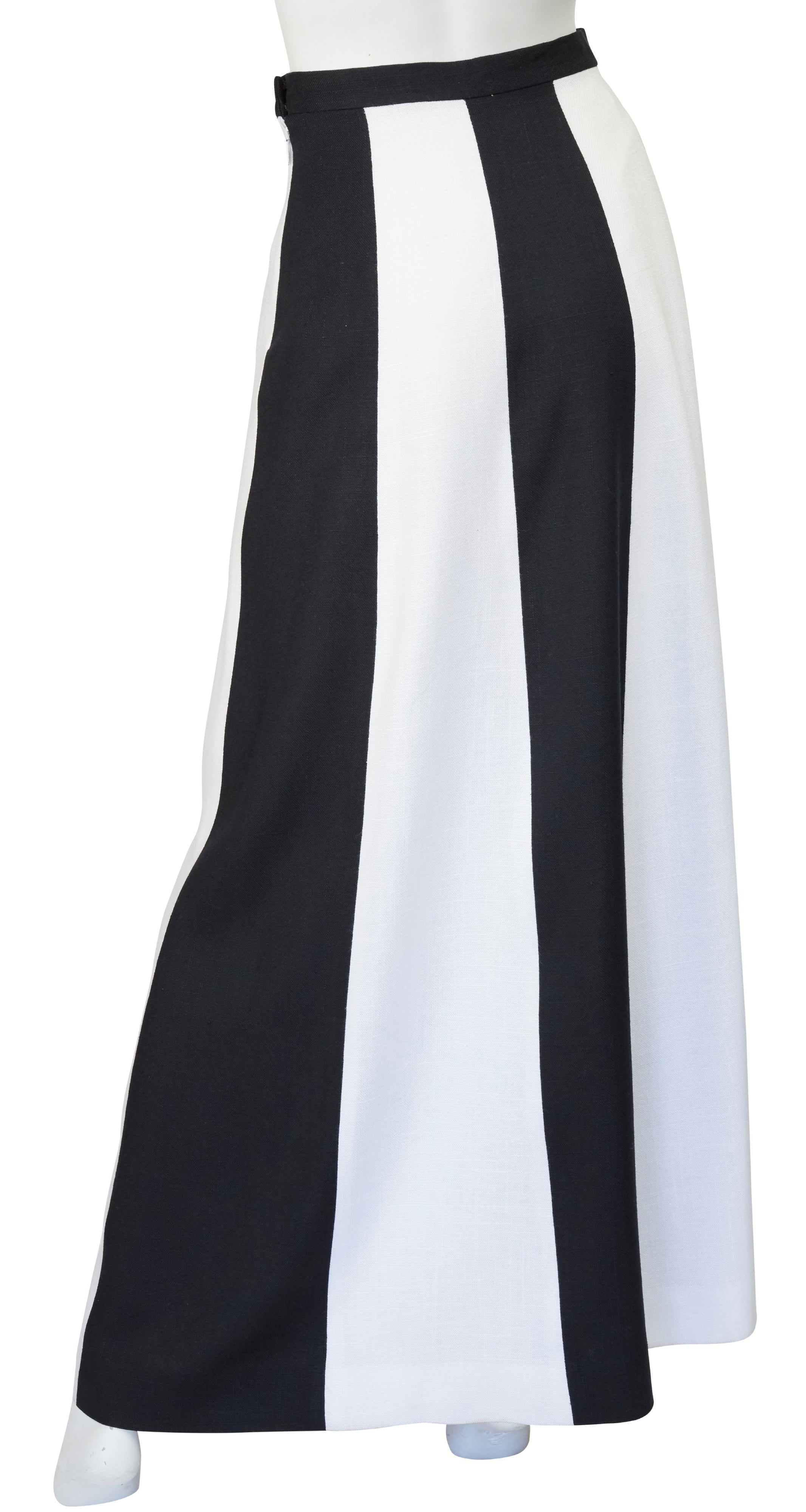 1970s Floral Pop-Art Black & White Striped Linen Maxi Skirt