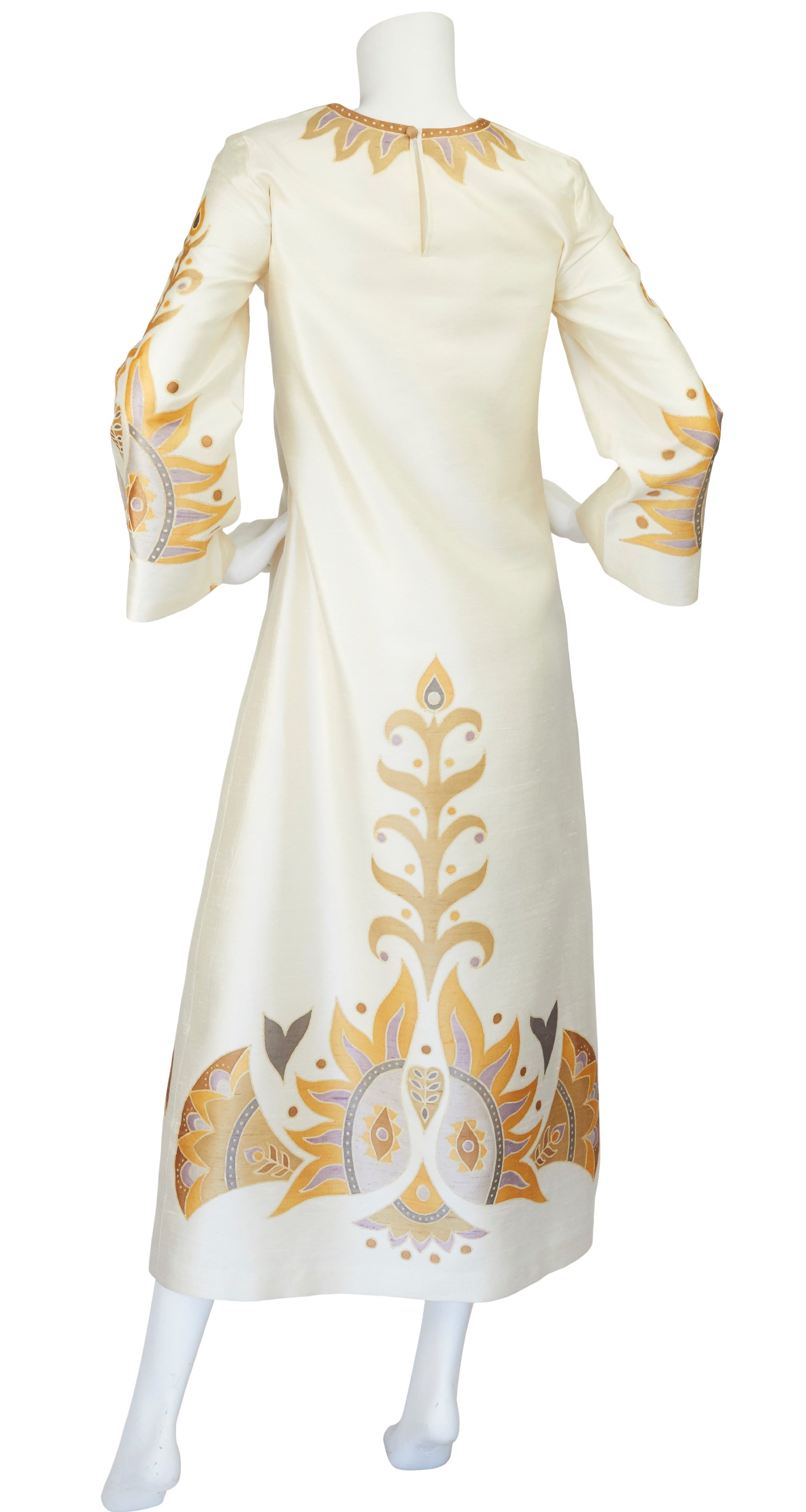 1960s Bird Print Cream Thai Silk Caftan Maxi Dress