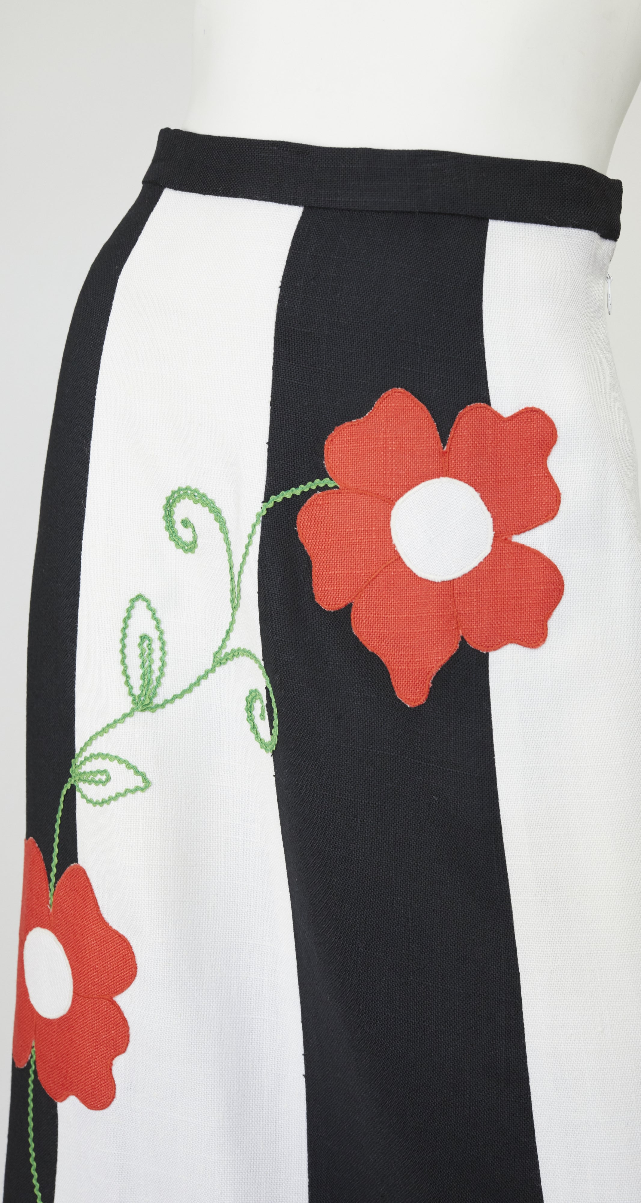 1970s Floral Pop-Art Black & White Striped Linen Maxi Skirt