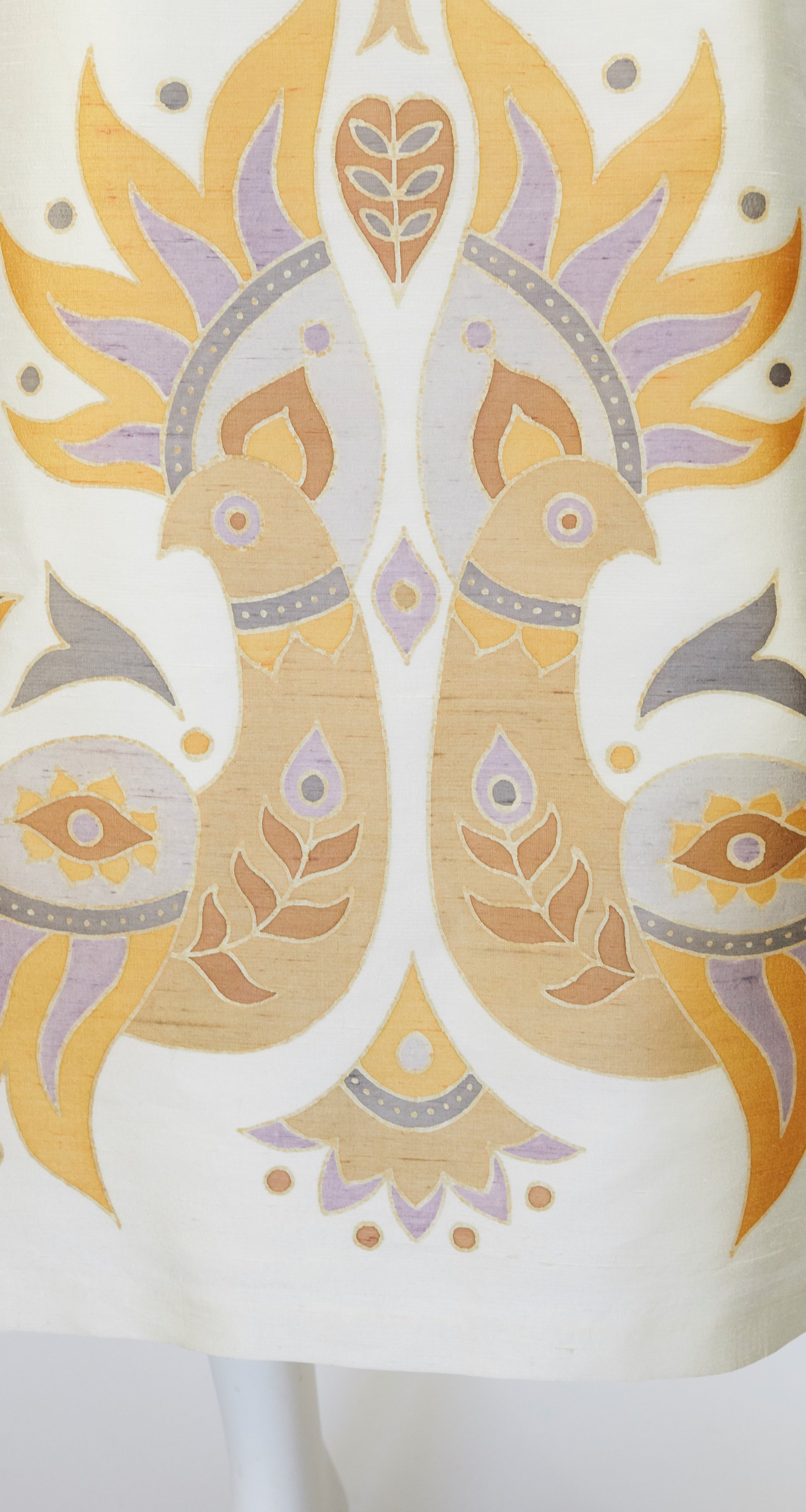 1960s Bird Print Cream Thai Silk Caftan Maxi Dress