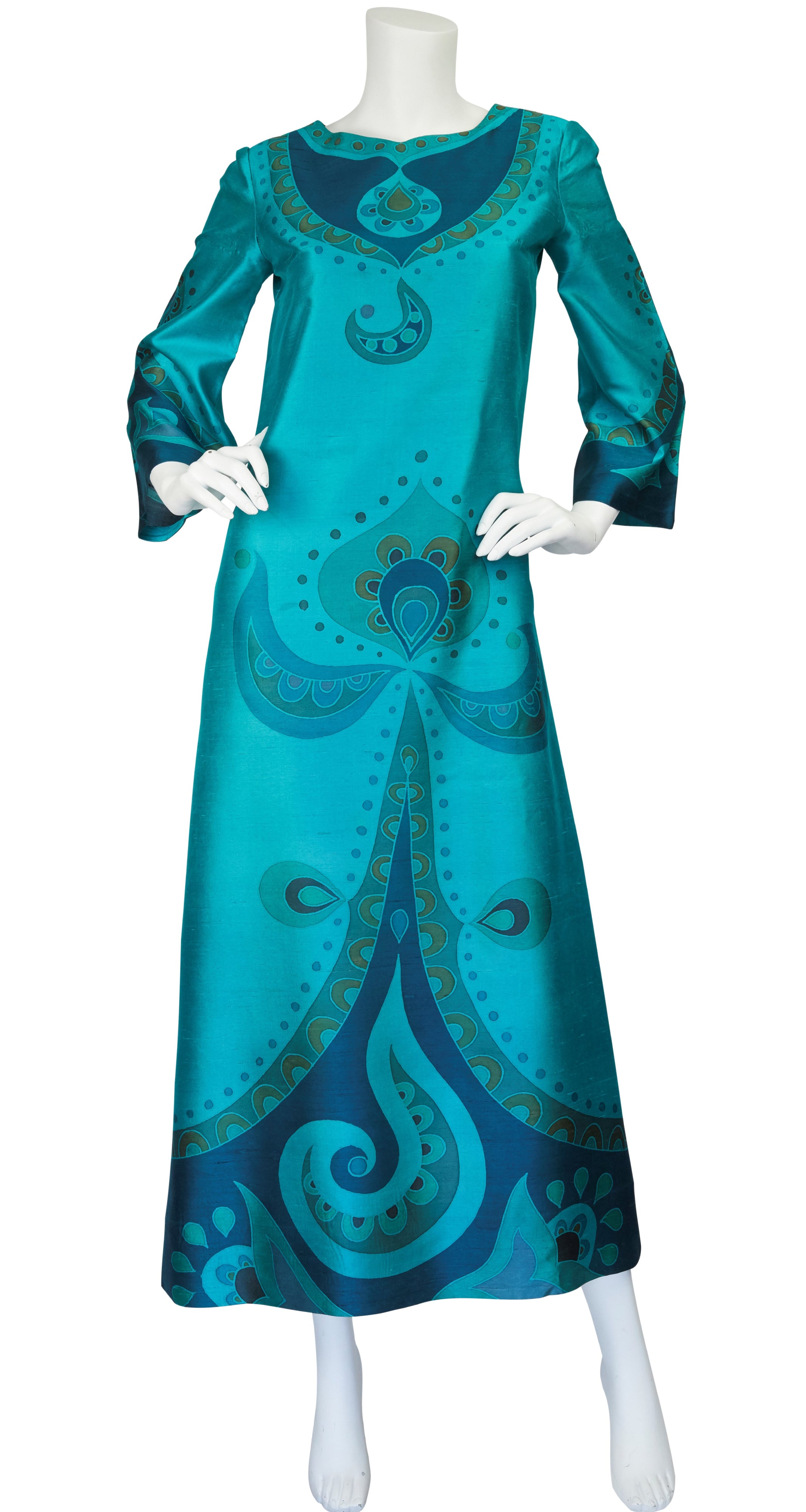 1960s Teal Printed Thai Silk Caftan Maxi Dress