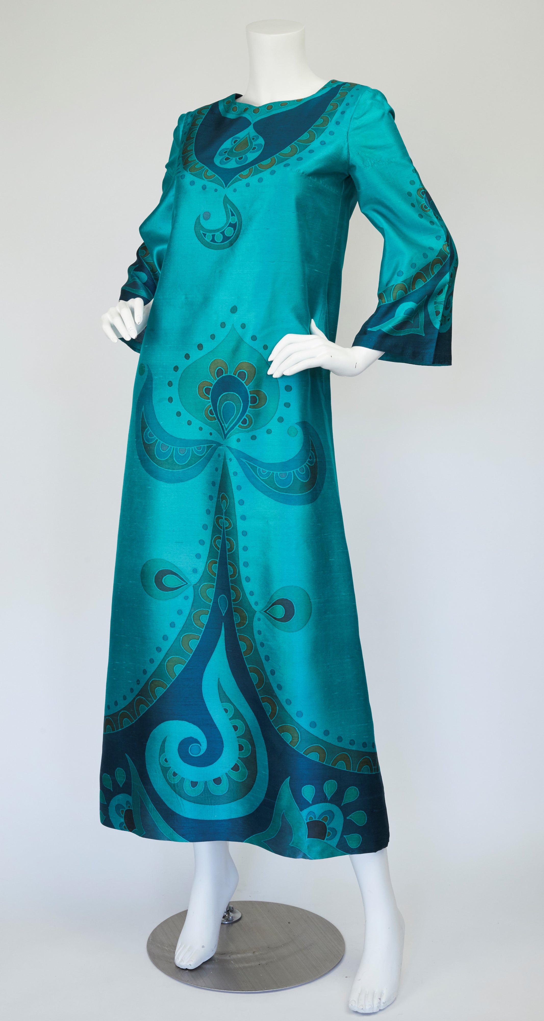 1960s Teal Printed Thai Silk Caftan Maxi Dress
