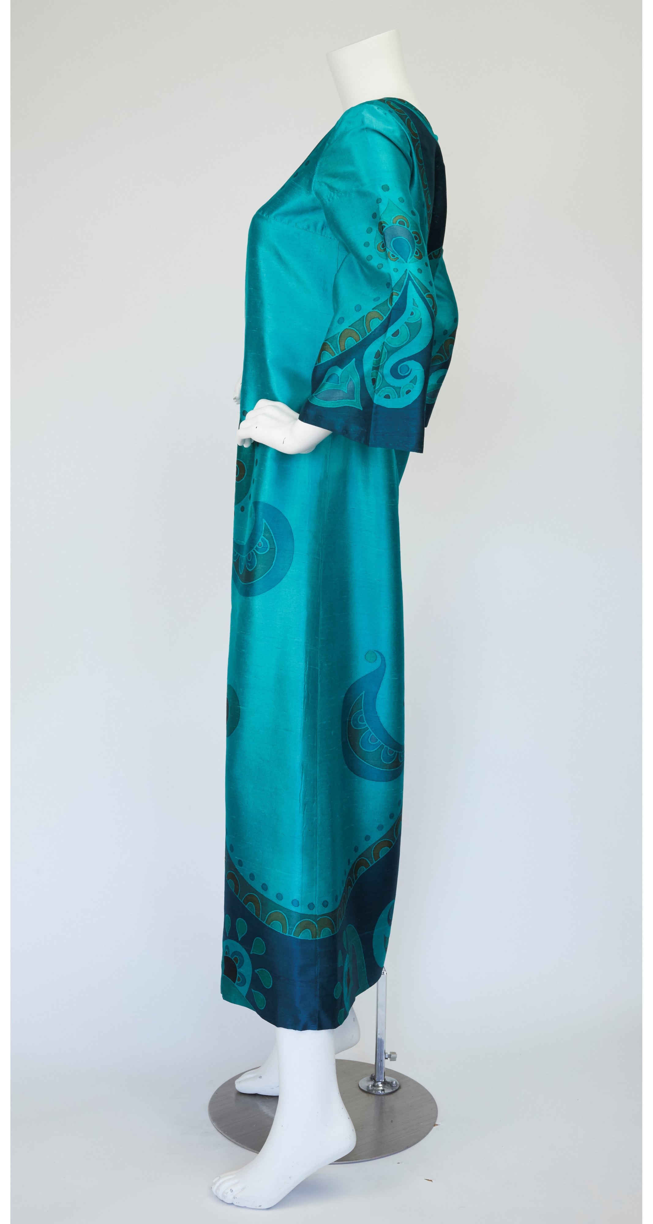 1960s Teal Printed Thai Silk Caftan Maxi Dress