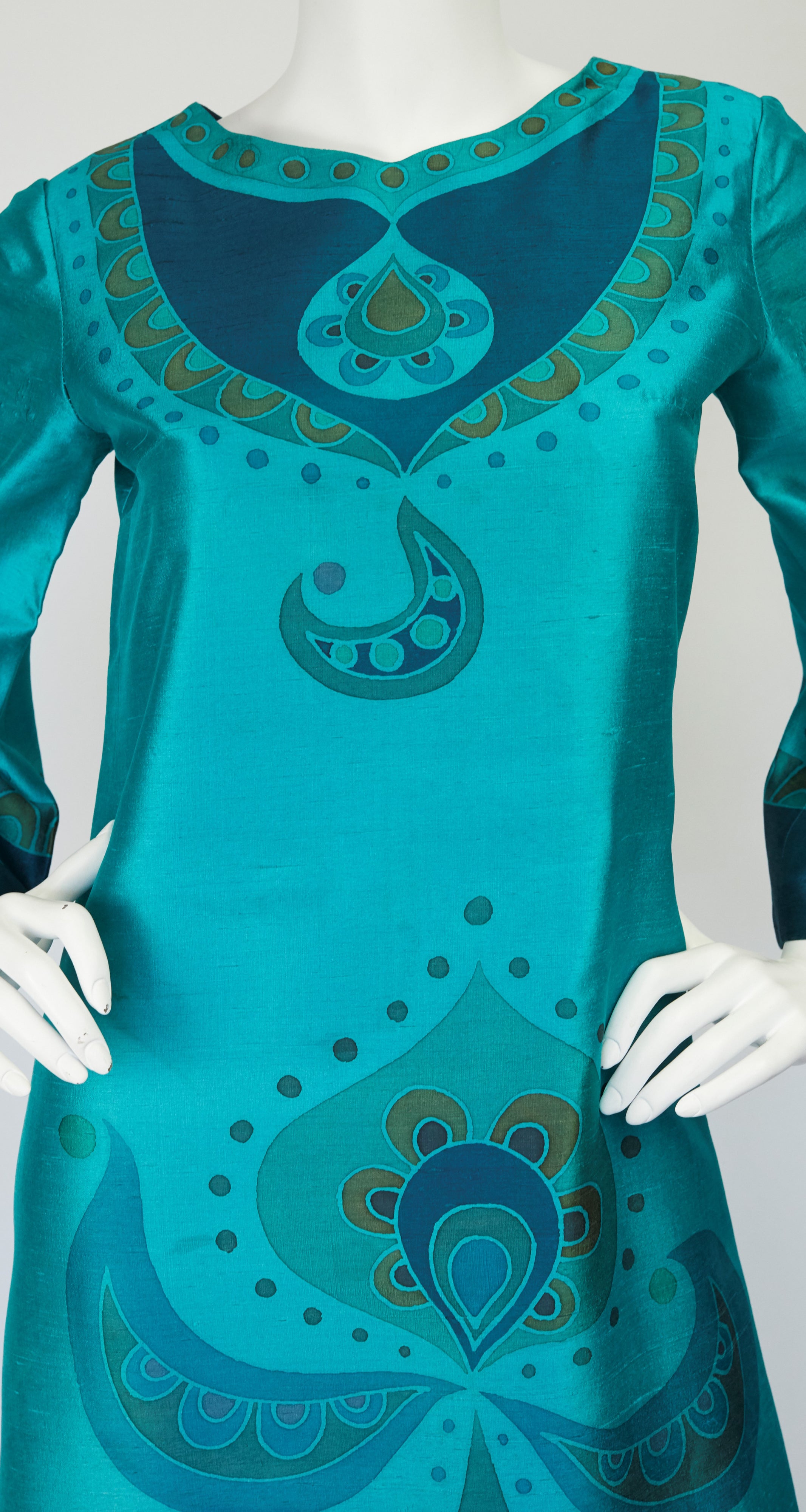 1960s Teal Printed Thai Silk Caftan Maxi Dress