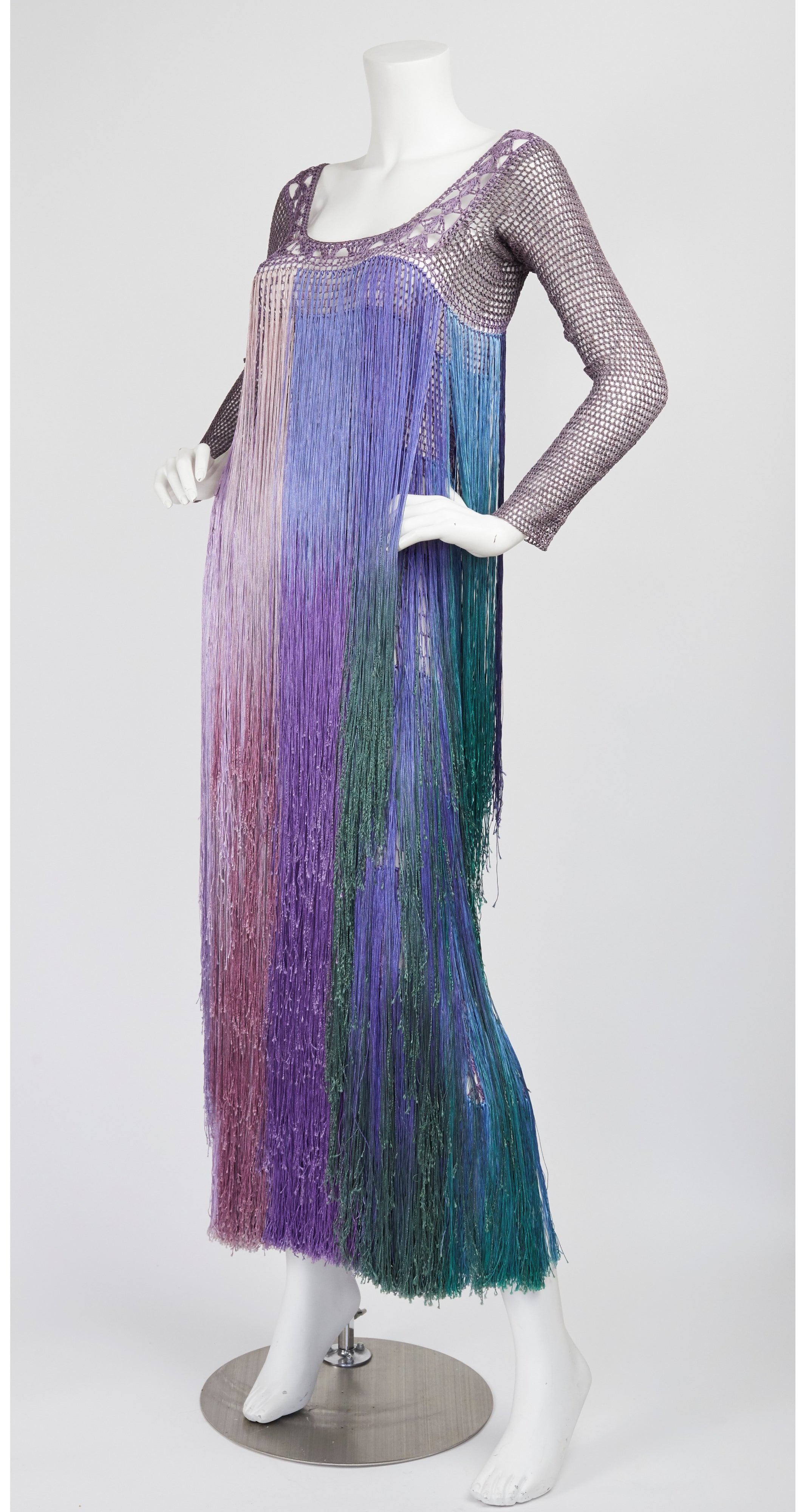 1970s Purple Crochet & Ombré Fringe Maxi Dress