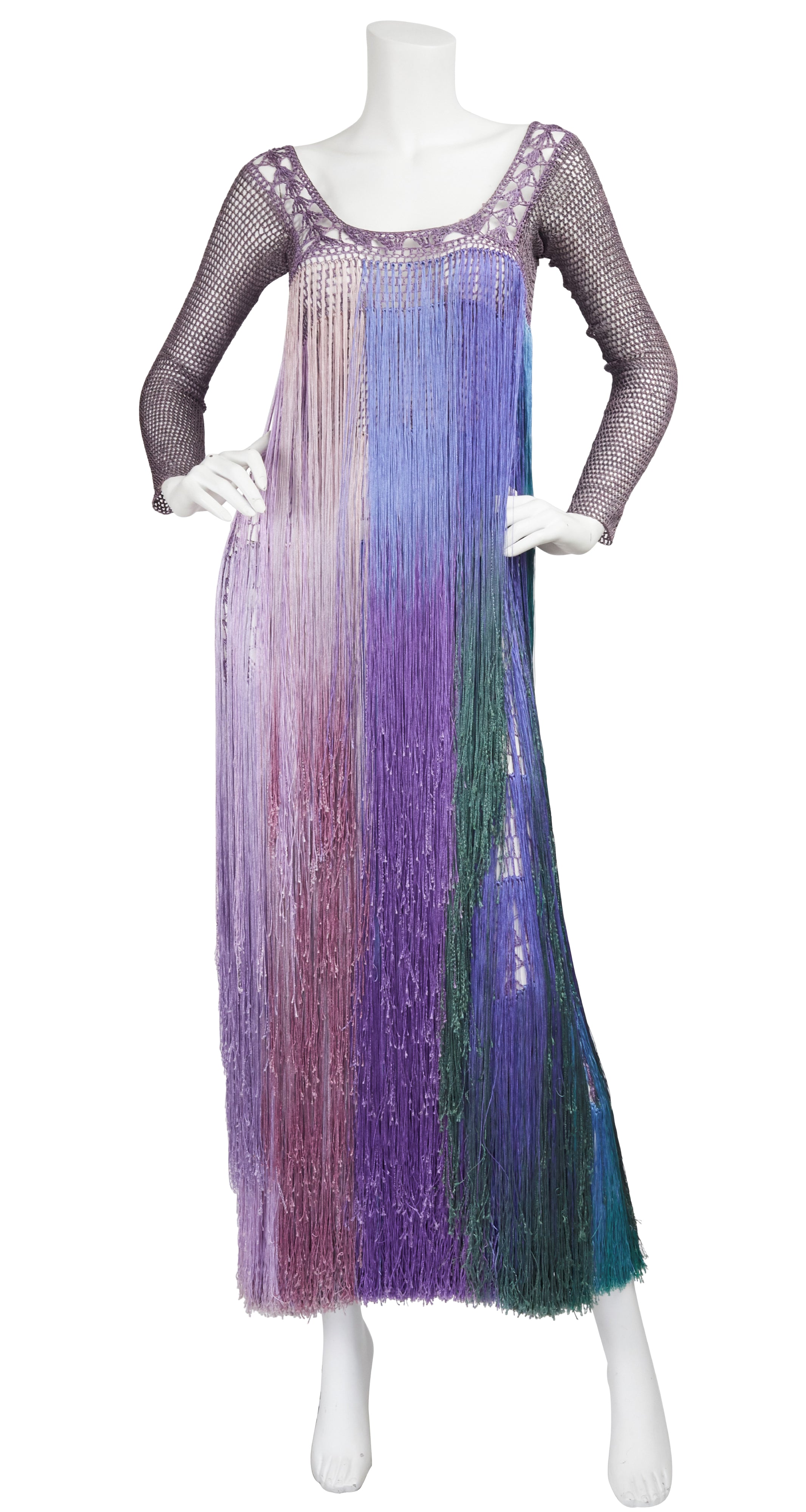 1970s Purple Crochet & Ombré Fringe Maxi Dress
