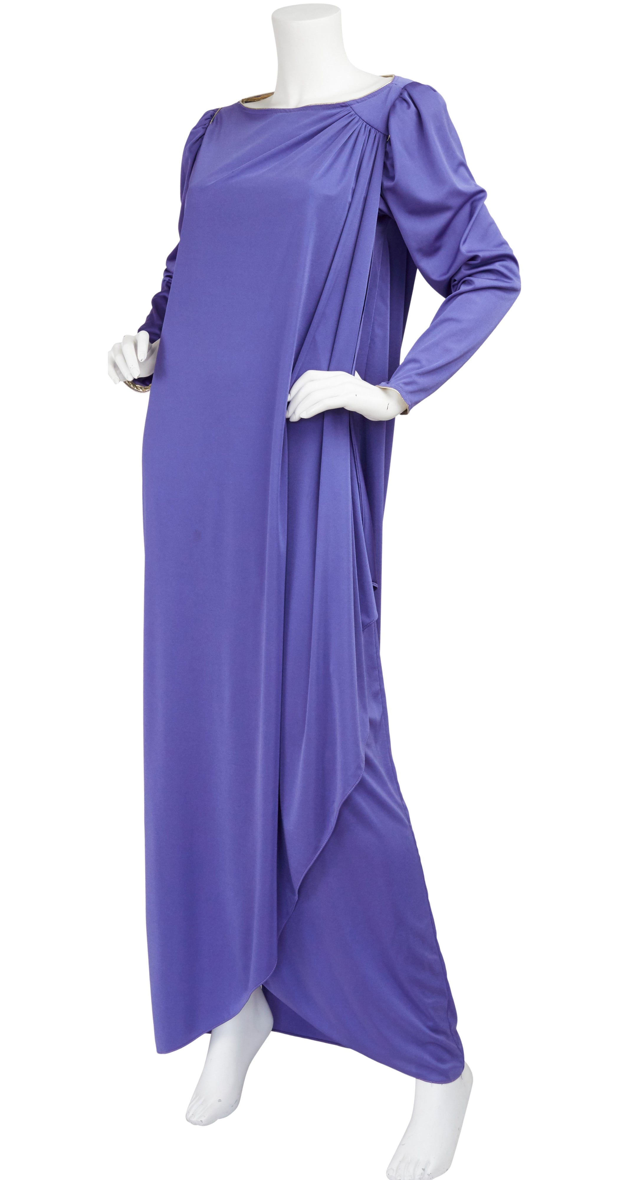 1970s Grecian Draped Purple Jersey Lounge Dress