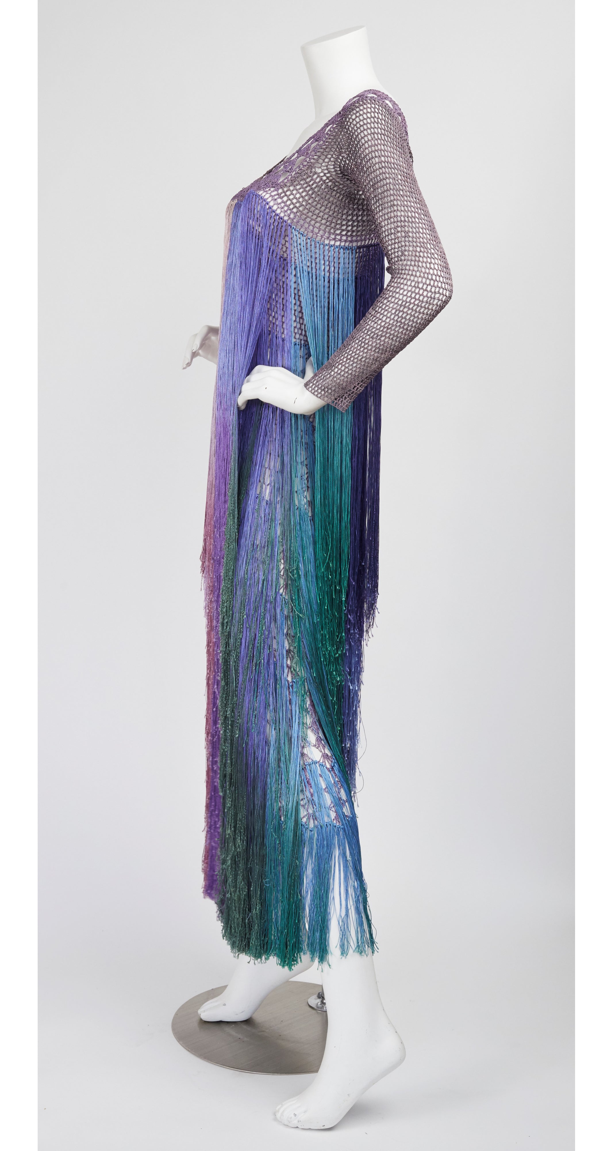 1970s Purple Crochet & Ombré Fringe Maxi Dress