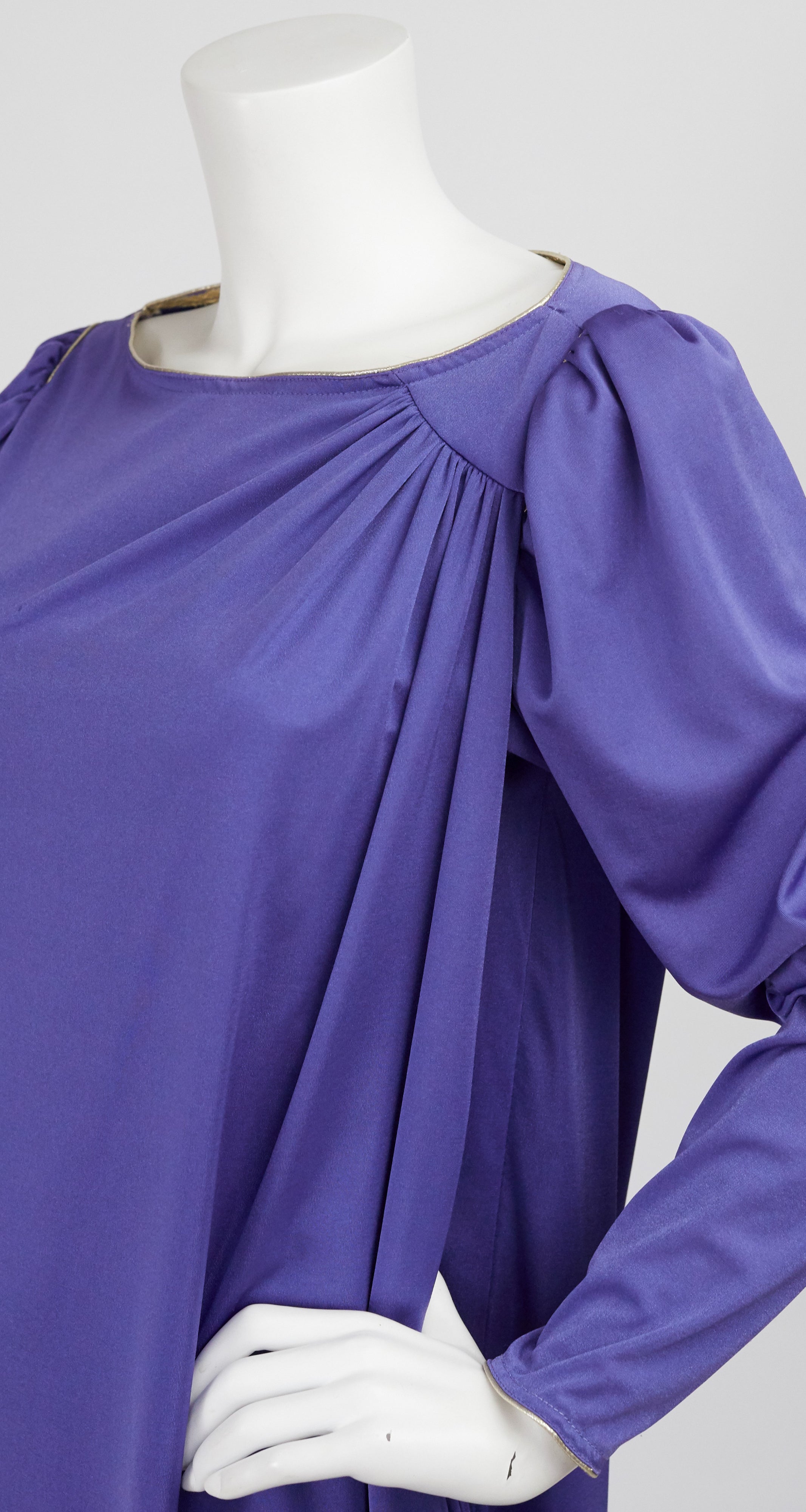 1970s Grecian Draped Purple Jersey Lounge Dress