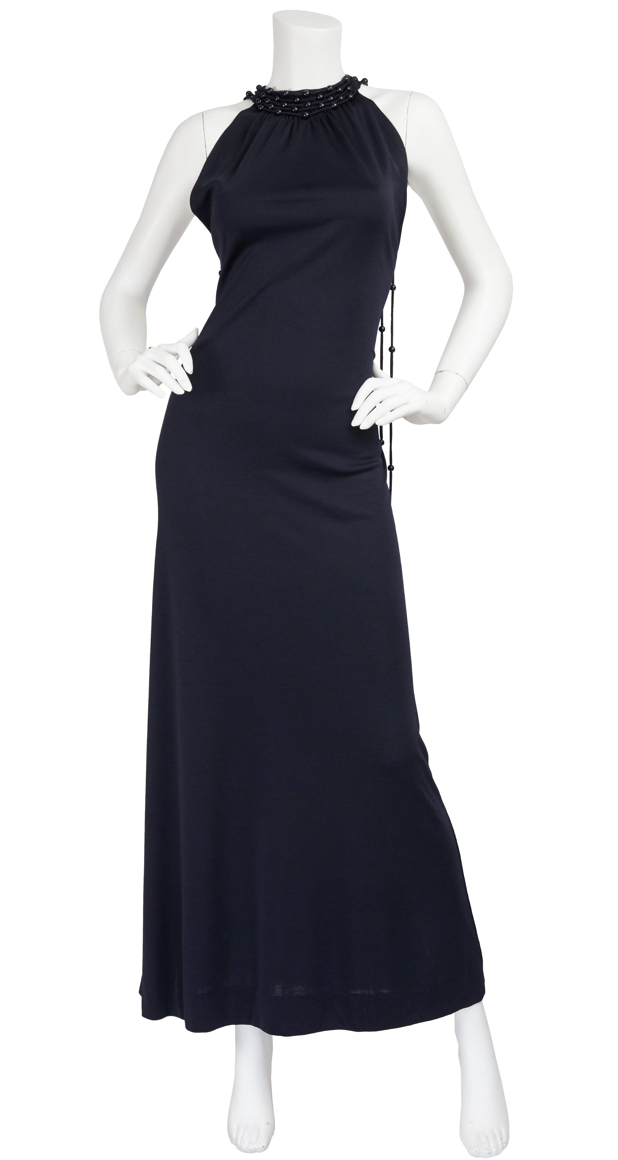 1971 Loris Azzaro Design Black Beaded Macrame Jersey Gown